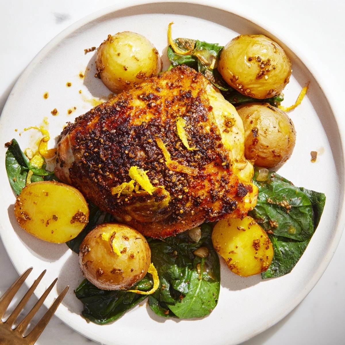 Golden Pan-Roasted Chicken with Zaatar, Potatoes, and Greens, ready for a flavorful dinner.
