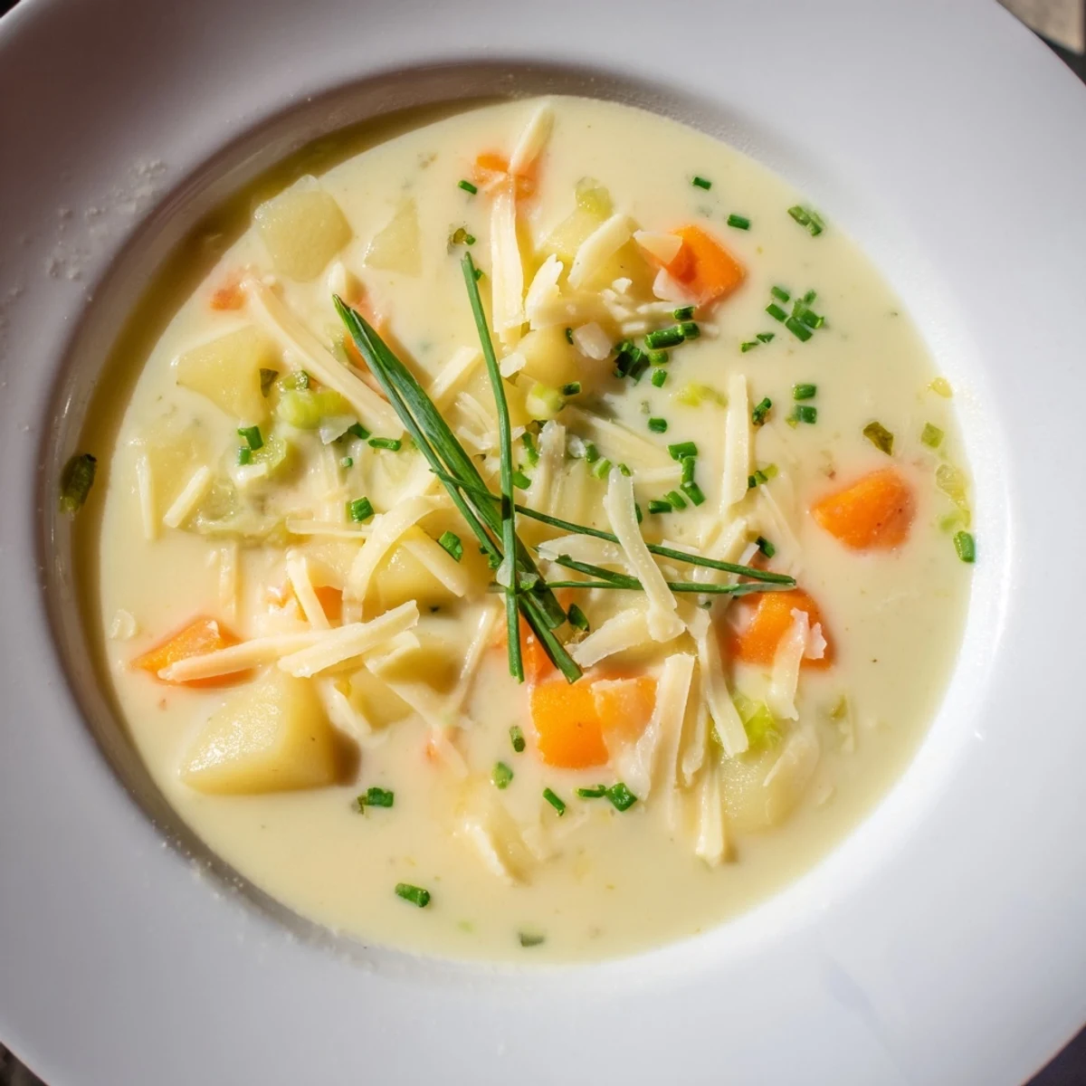 A steaming bowl of The Ultimate Potato Soup, topped with chives and creamy texture.