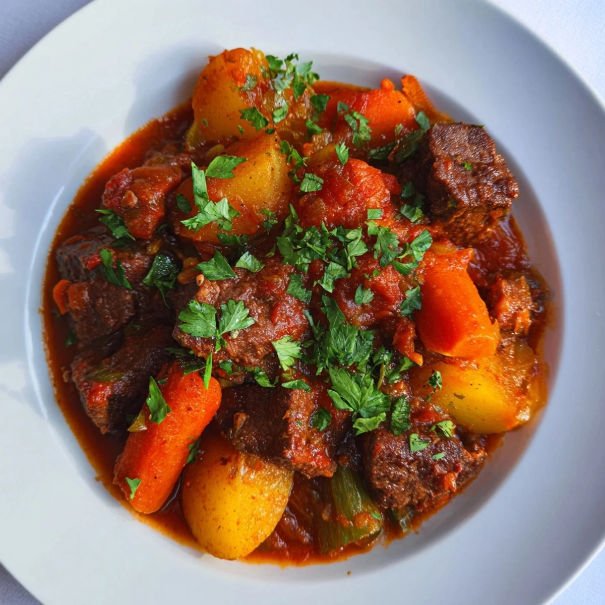 Hearty Smoked Paprika & Garlic Beef Stew, featuring tender beef in a rich, savory broth.