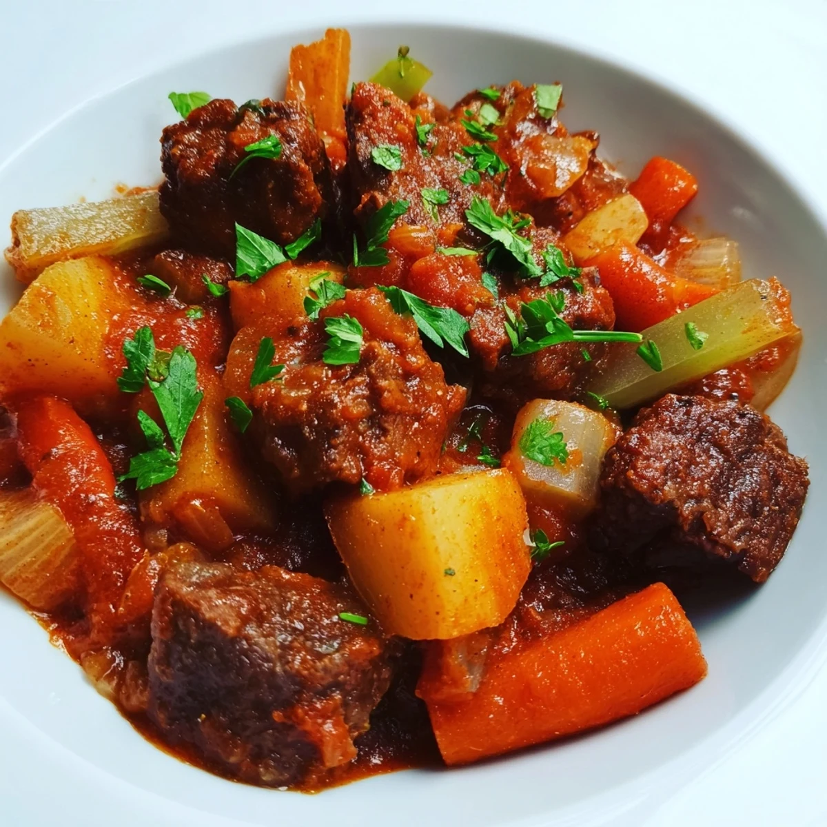 A close-up of a bowl filled with flavorful Smoked Paprika & Garlic Beef Stew, ready to be enjoyed.