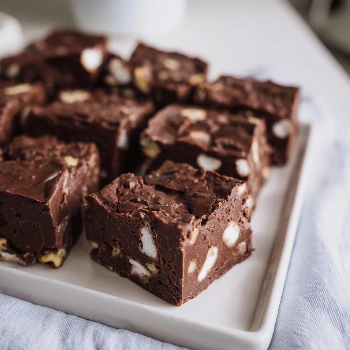 Warm, melty Easy Marshmallow Fudge, swirled with vanilla and studded with fluffy marshmallows, ready to enjoy.