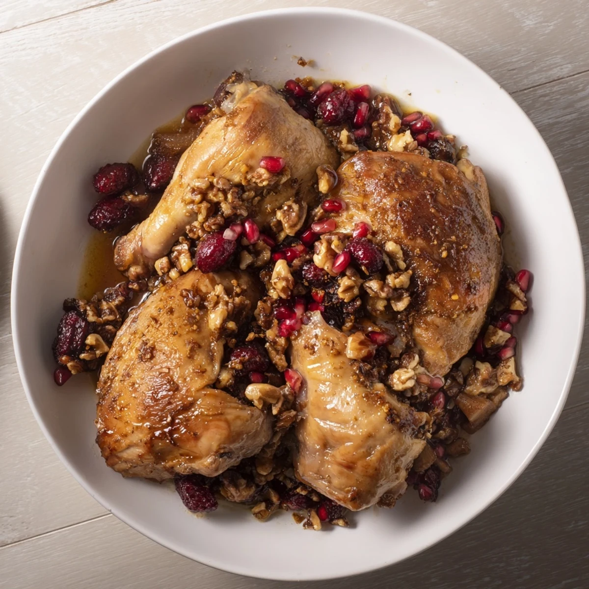 A hearty Fesenjan stew: tender chicken swims in a rich, dark walnut and pomegranate sauce.