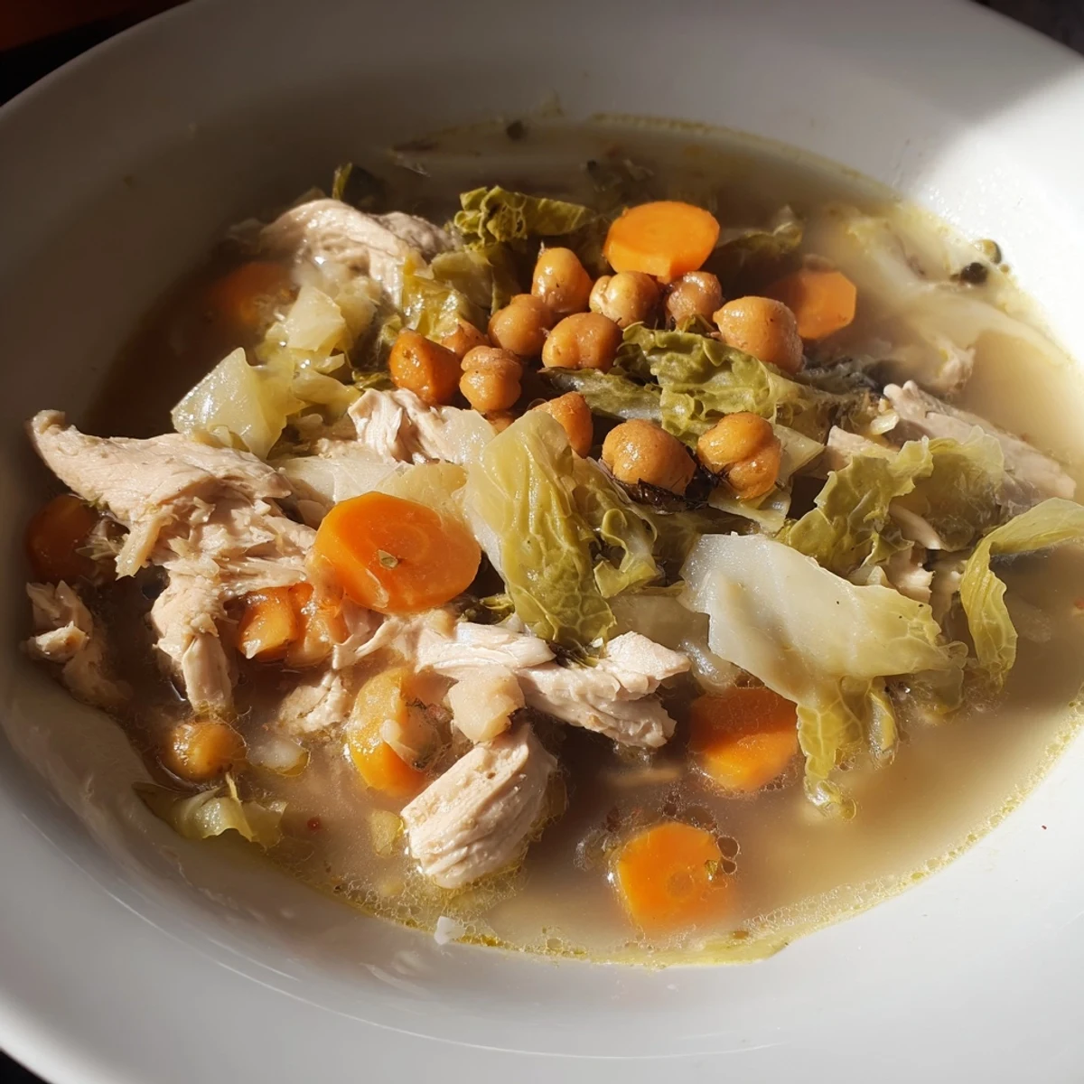 Steaming bowl of Chicken Kale Soup with Crispy Chickpeas, topped with crunchy golden chickpeas and fresh herbs.