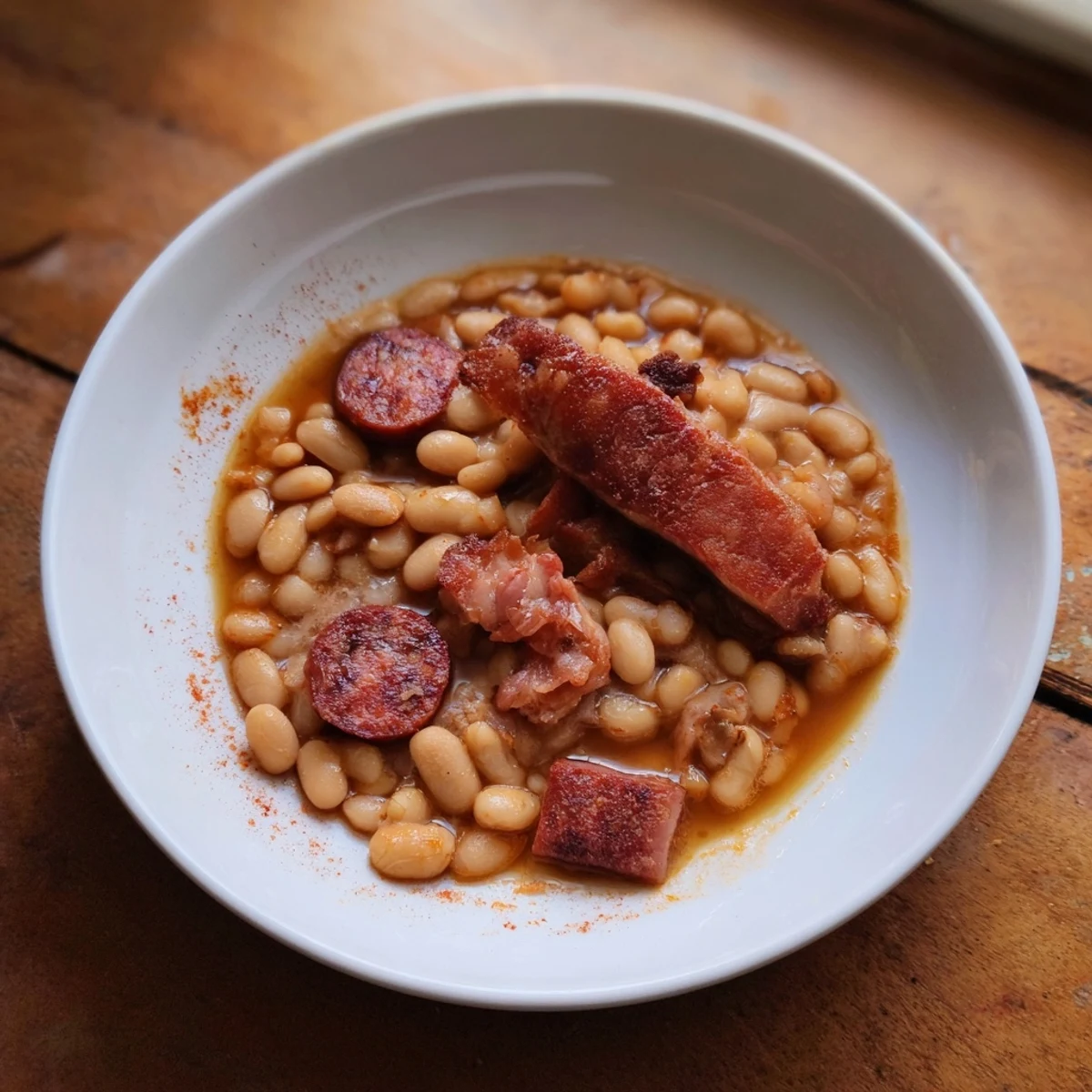 Steaming bowl of Budget Fabada Asturiana, featuring savory sausage and tender white beans stewing.