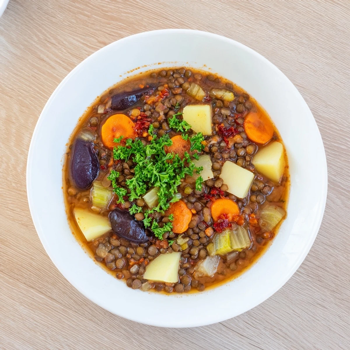 Abuela's Secret Lentil Stew with Prunes, a steaming bowl of richly flavored, hearty comfort.