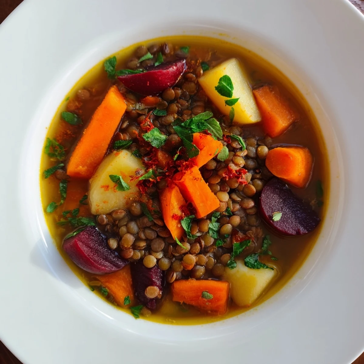 Enjoy a spoonful of Abuela's Secret Lentil Stew with Prunes, a flavorful, Spanish-inspired stew.