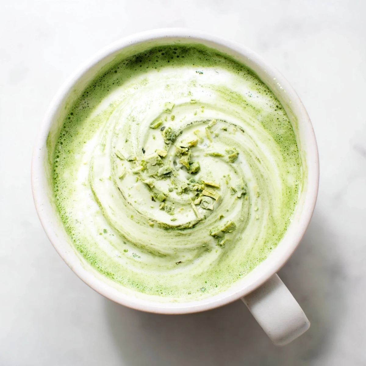 Steaming mug of Cozy Peppermint Matcha Christmas Latte with whipped cream and crushed candy canes.