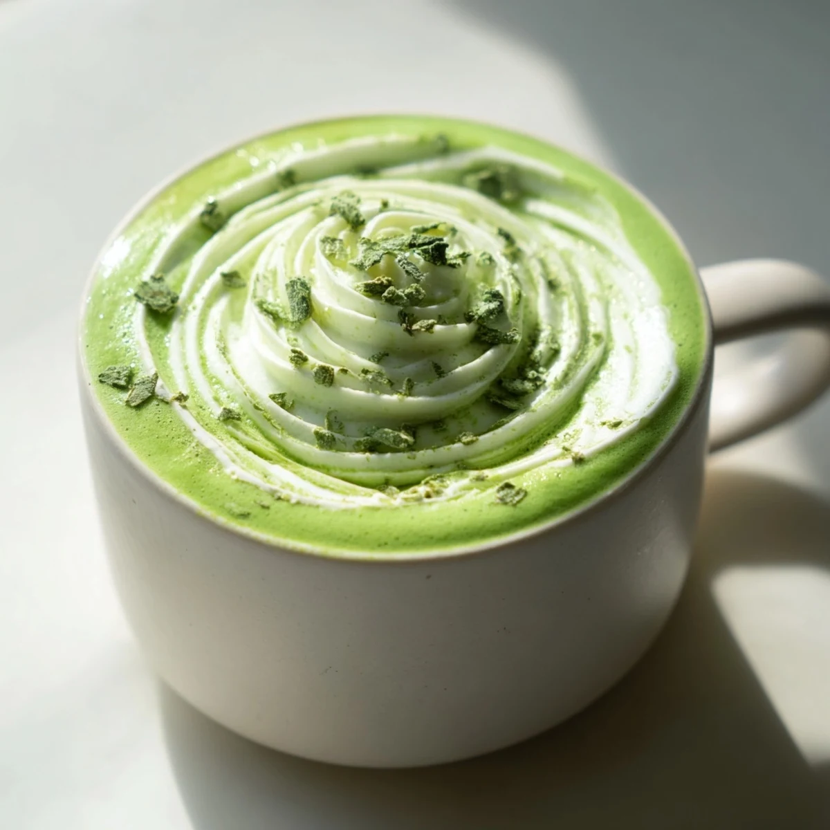 Focus on vibrant green matcha and creamy white milk in a homemade Cozy Peppermint Matcha Latte recipe.