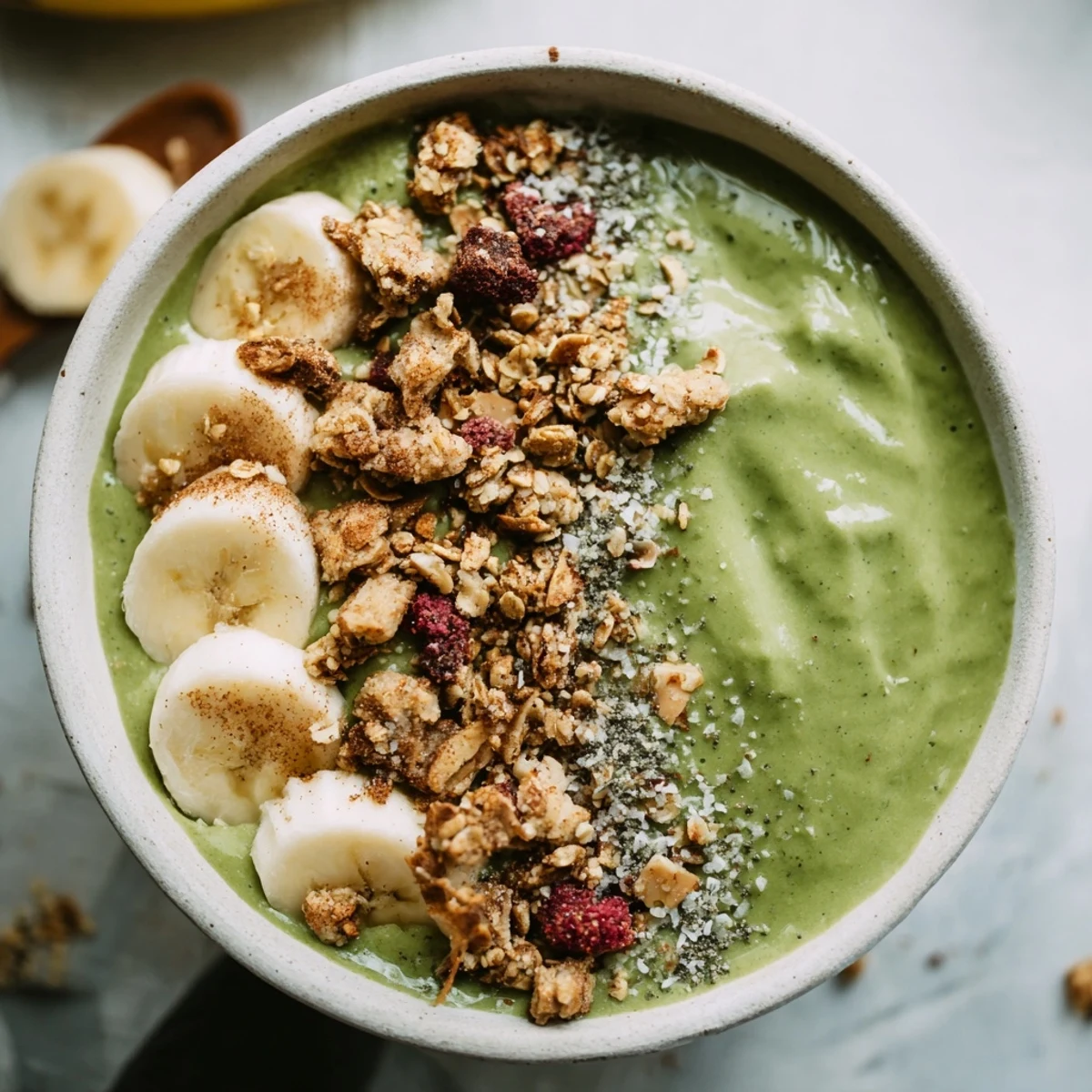 A delightful view of a gingerbread cookie matcha breakfast smoothie bowl, ready to enjoy with fresh fruit and seeds.
