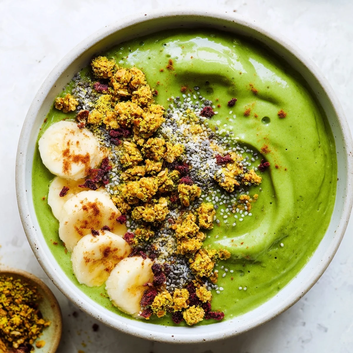 Creamy, green gingerbread cookie matcha breakfast smoothie bowl, garnished with mini cookie crumbles for a festive treat.