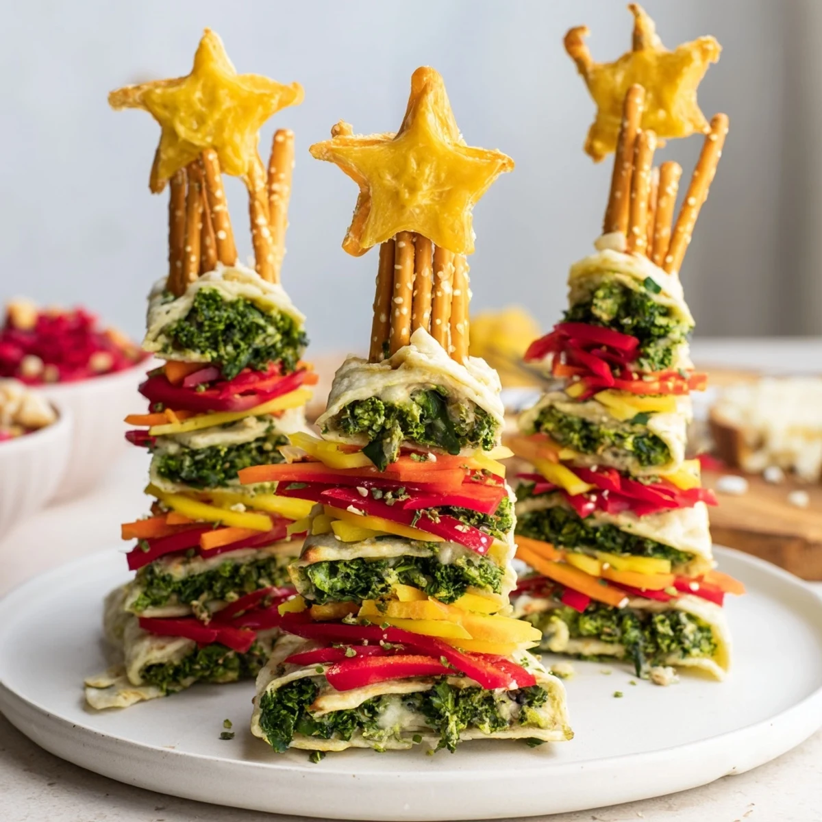 Crispy Air Fryer Christmas Tree Veggie Tortilla Wraps, a colorful appetizer with fresh veggies and pretzel "trunks."