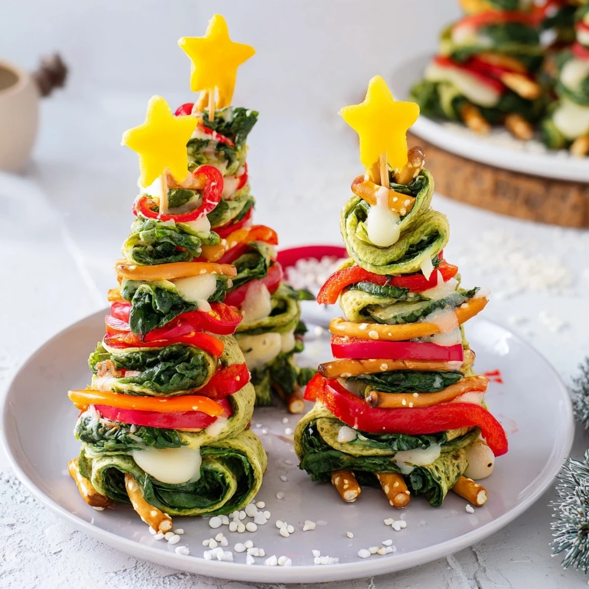 Golden, air-fried Air Fryer Christmas Tree Veggie Tortilla Wraps showcase a creative holiday snack with stars and seeds.