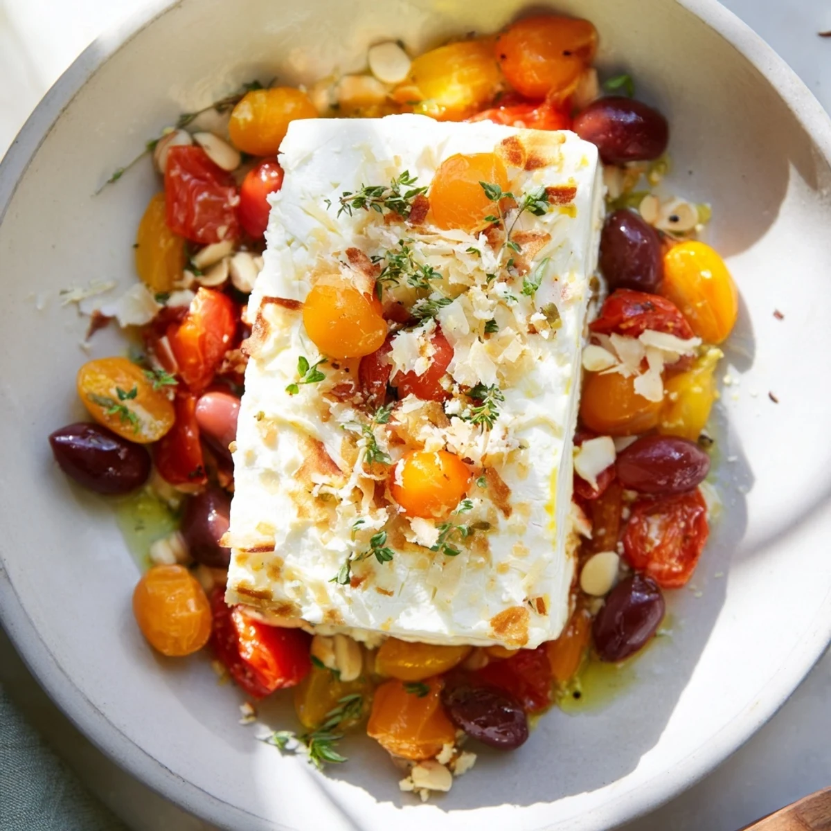 Oven-baked Baked Feta Snowfall Cherry Tomato Christmas Pasta, rich and red with a creamy feta sauce.