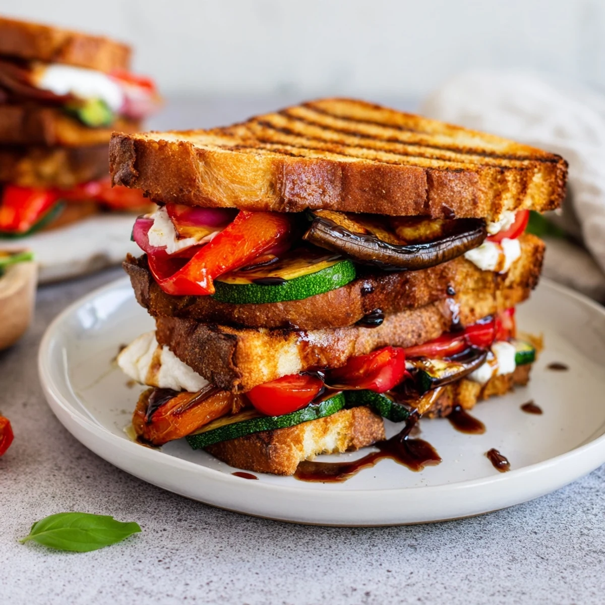 Flavorful Sheet-Pan Roasted Veggie Caprese Grilled Cheese featuring roasted veggies, ripe tomatoes, and fresh basil layering.