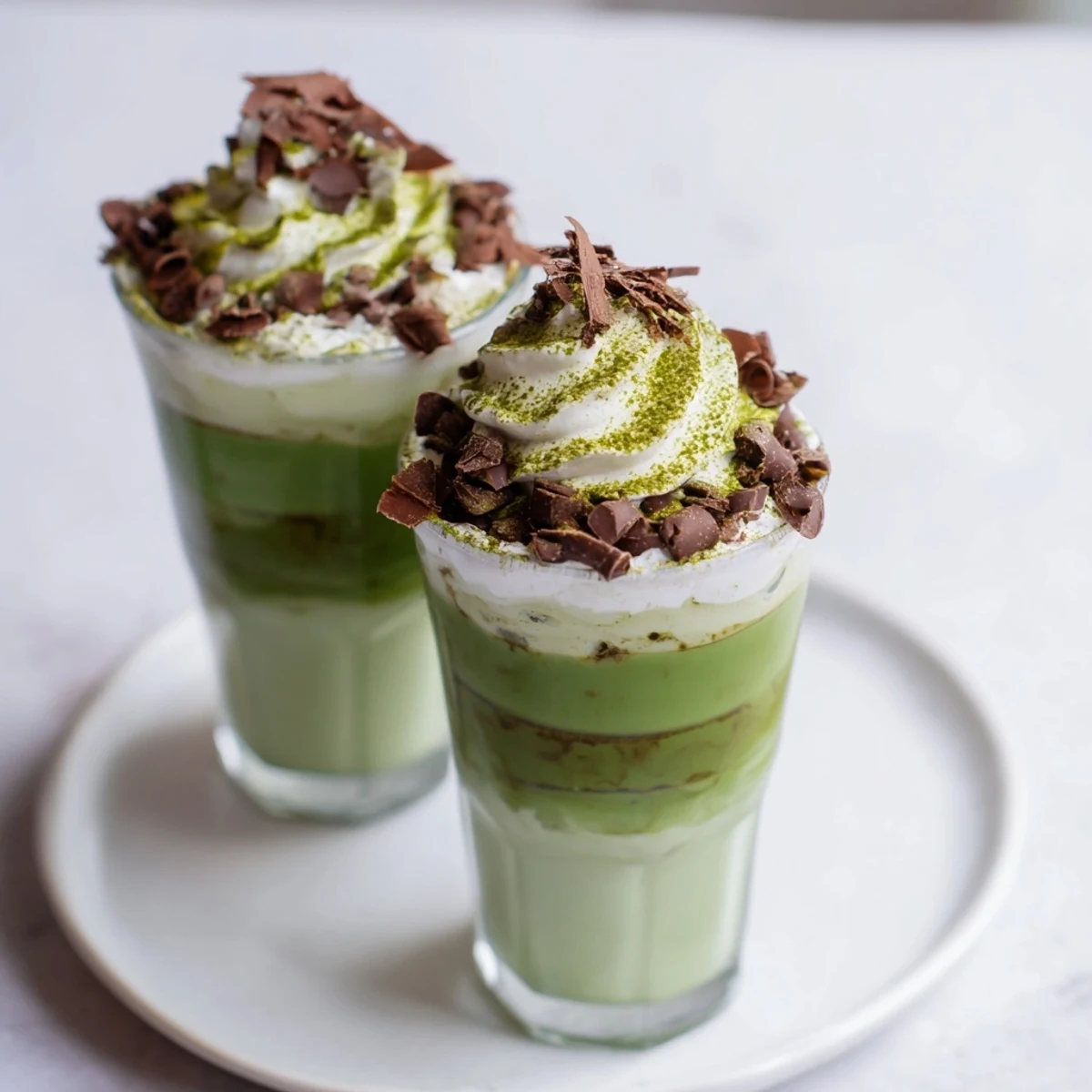 Creamy sugar-free white chocolate candy cane iced matcha, layered in a glass with crushed candy canes.
