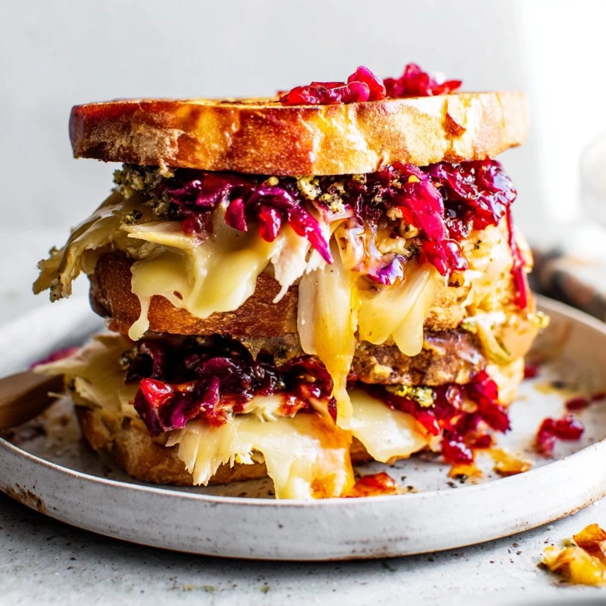 Golden-brown Pesto Cranberry Turkey Grilled Cheese Melt with bubbling cheese oozing from the bread.