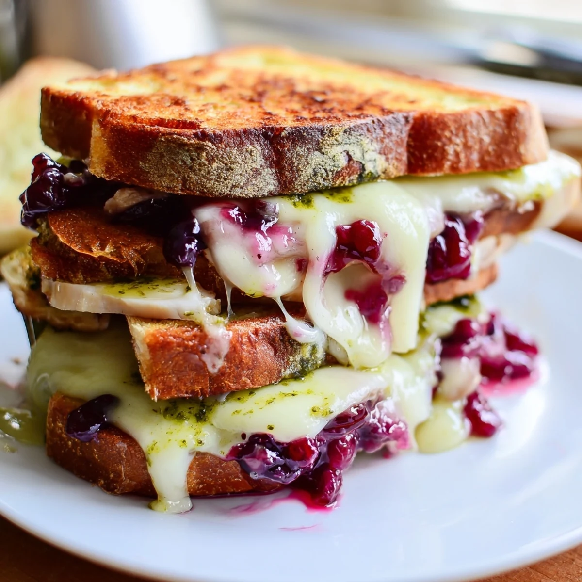 A close-up of a perfectly grilled Pesto Cranberry Turkey Grilled Cheese Melt, ready to be sliced and devoured.