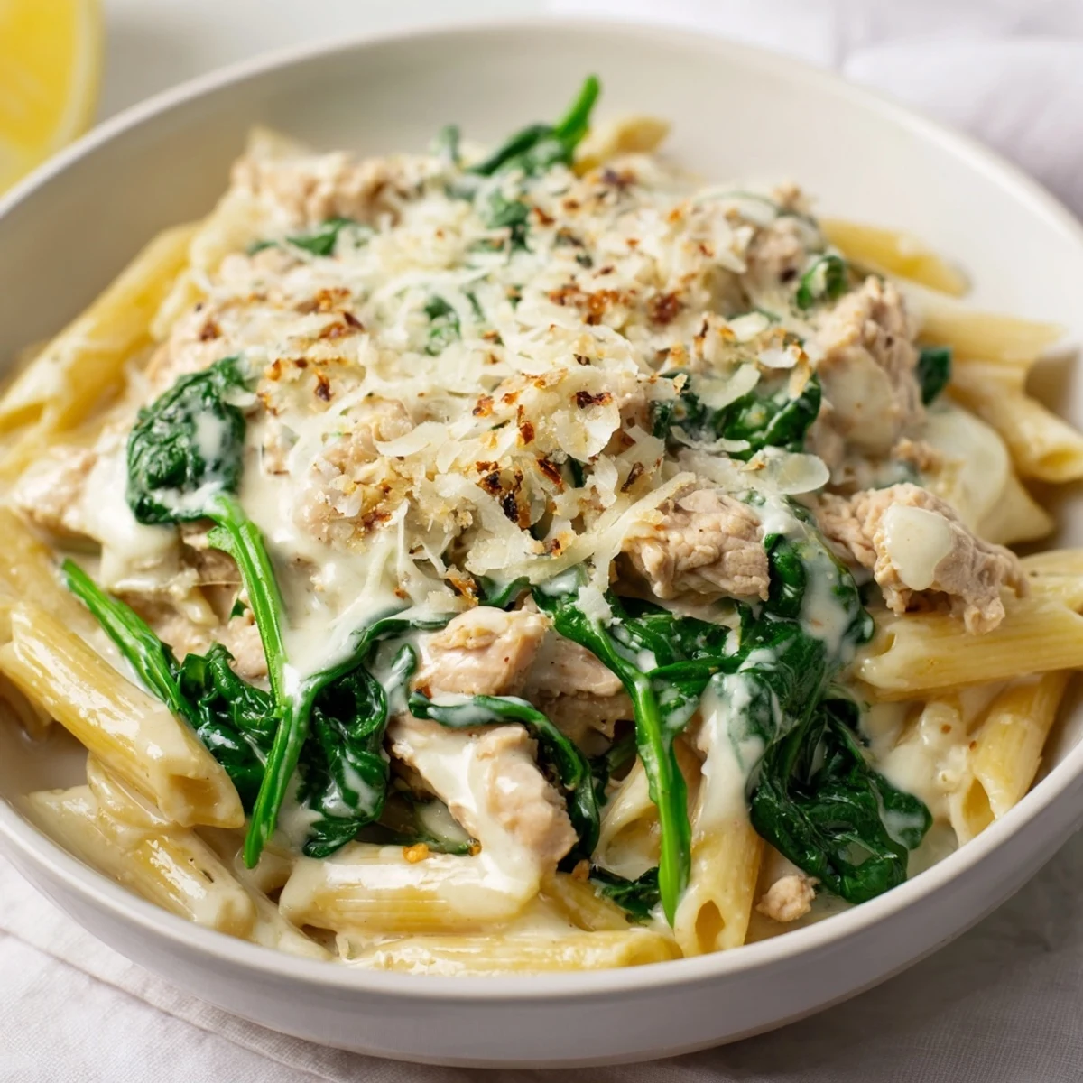 One-Pot Creamy Spinach & Turkey Christmas Pasta, a comforting holiday meal with a rich, creamy sauce.