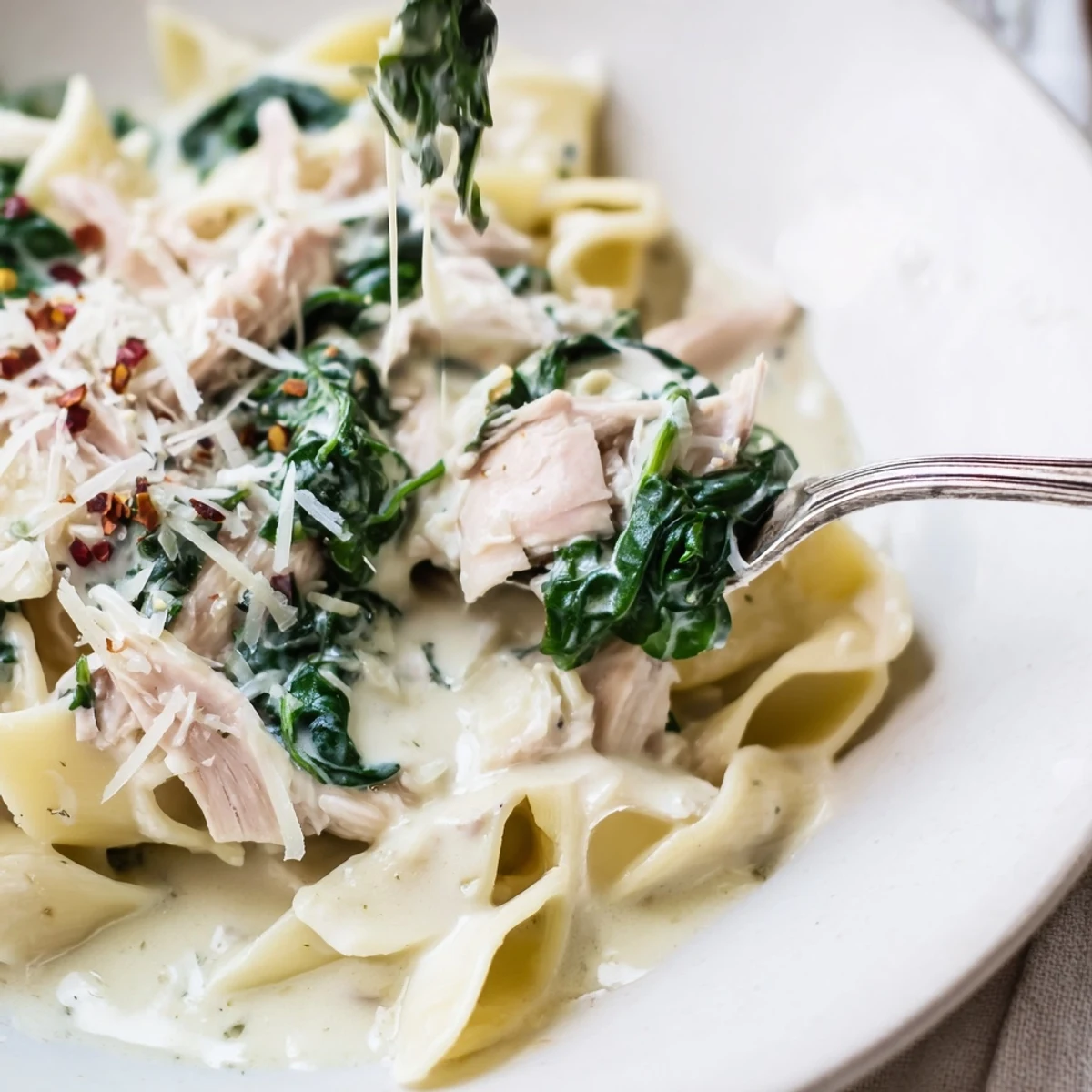 This easy One-Pot Creamy Spinach & Turkey Christmas Pasta features tender turkey and vibrant spinach in a creamy sauce.