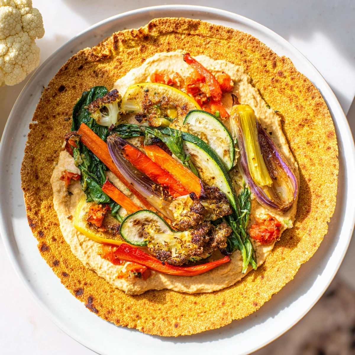 Snowflake Hummus & Roasted Veggie Wrap: Golden roasted vegetables nestled inside a creative, folded wrap.