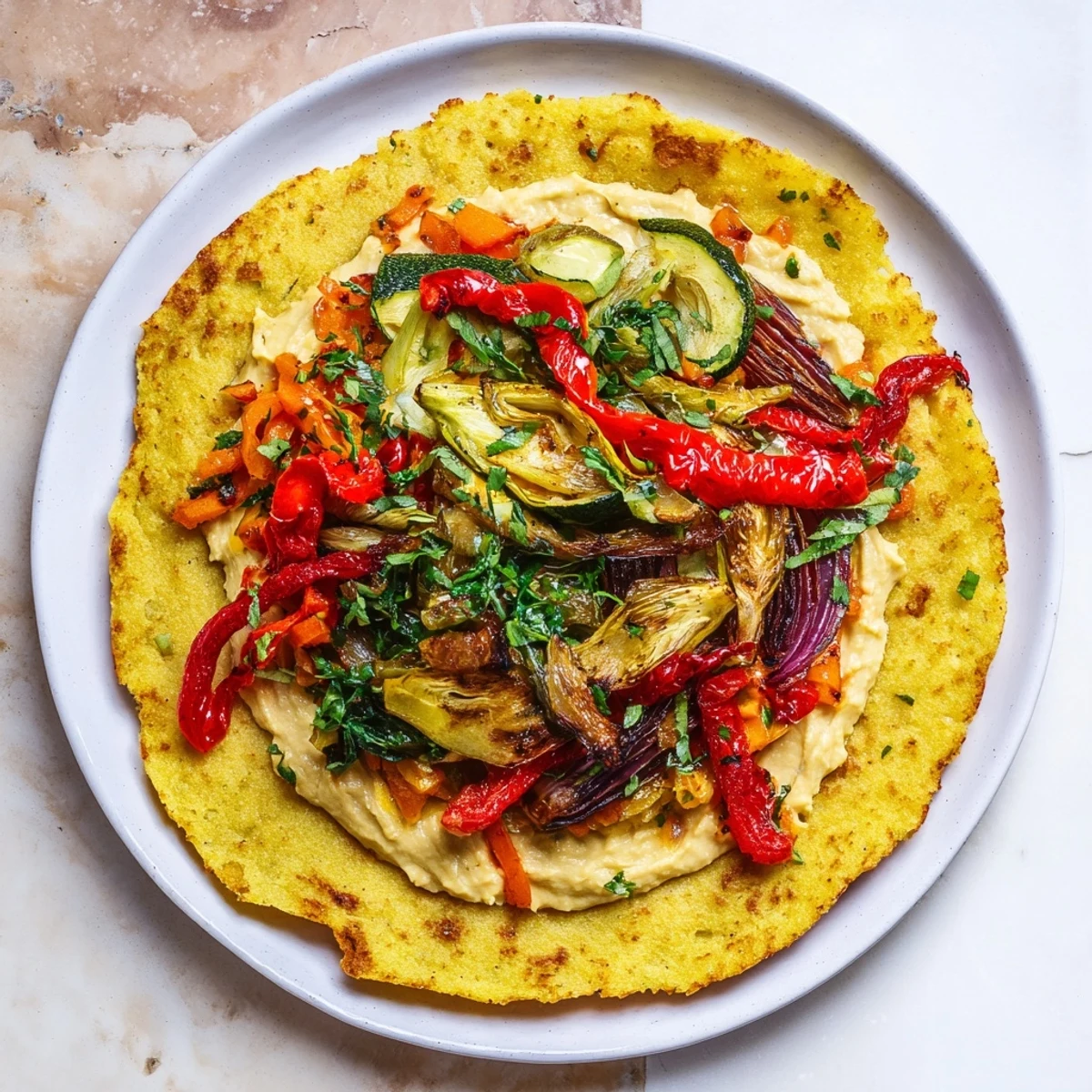 The Snowflake Hummus & Roasted Veggie Wrap: a close-up shows the colorful filling and clever folding.