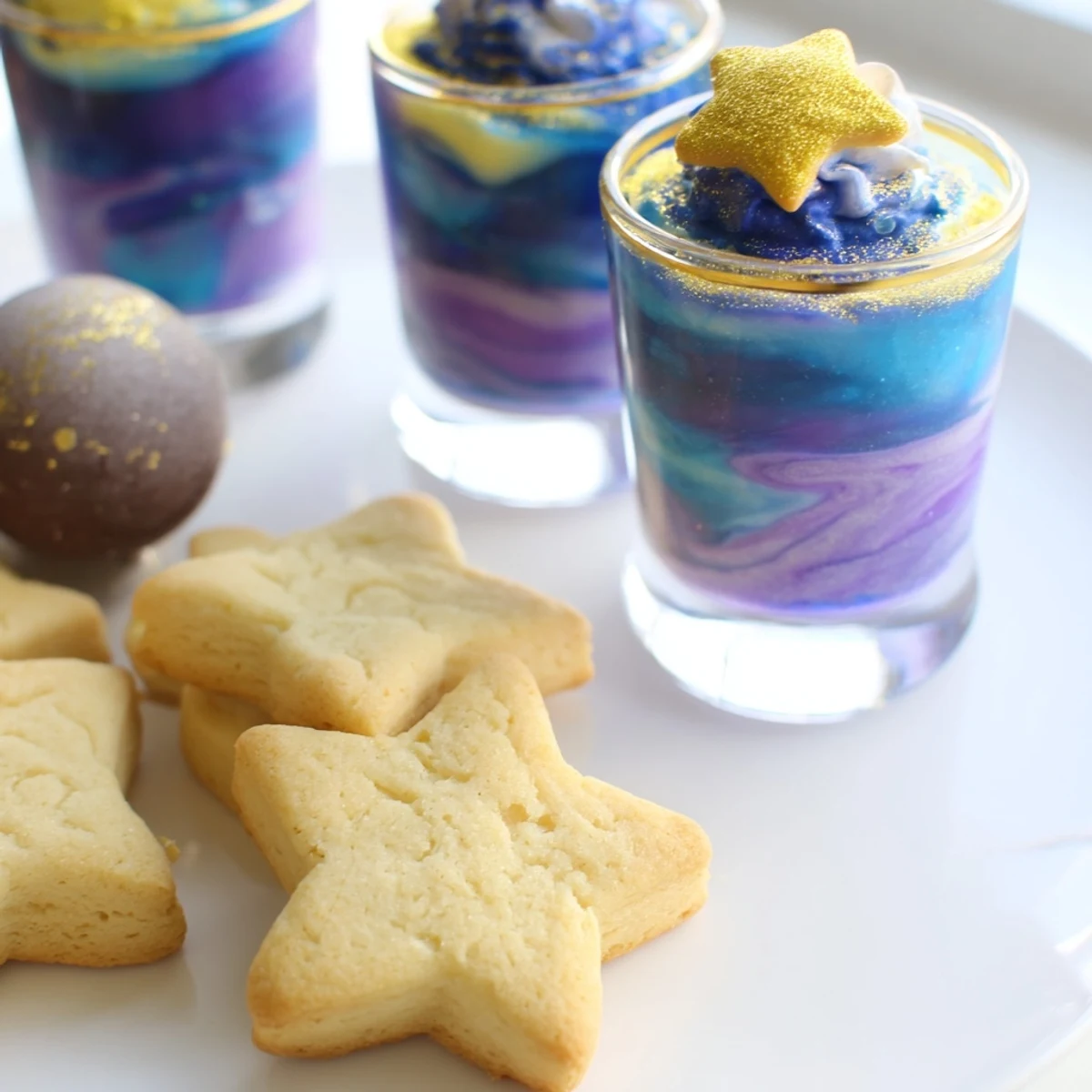 A beautiful close-up of the Stargazers Dessert Platter, showcasing star-shaped cookies and galaxy mousse.