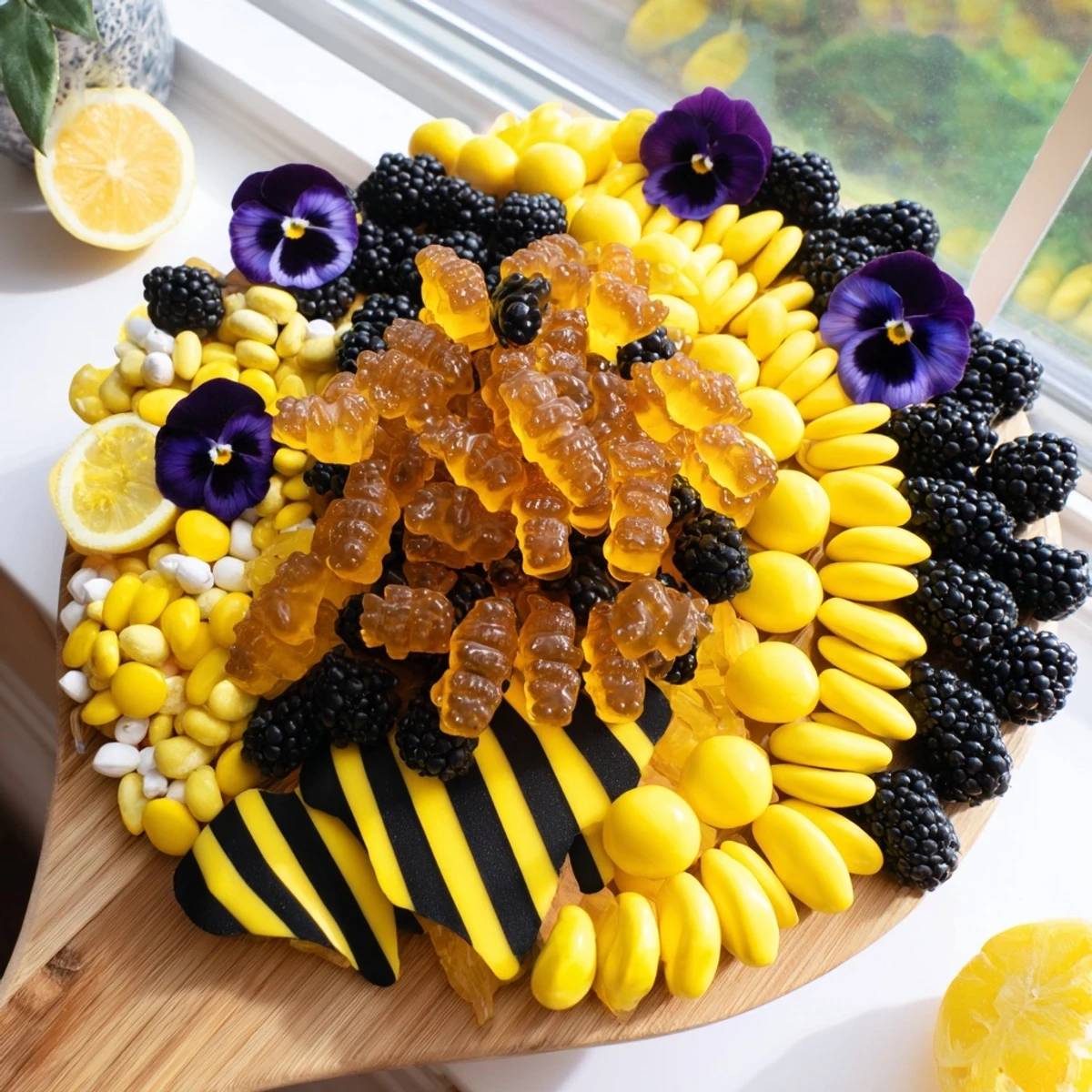Yellow and black candies artfully arranged in a Bumblebee Candy Board for a festive dessert.