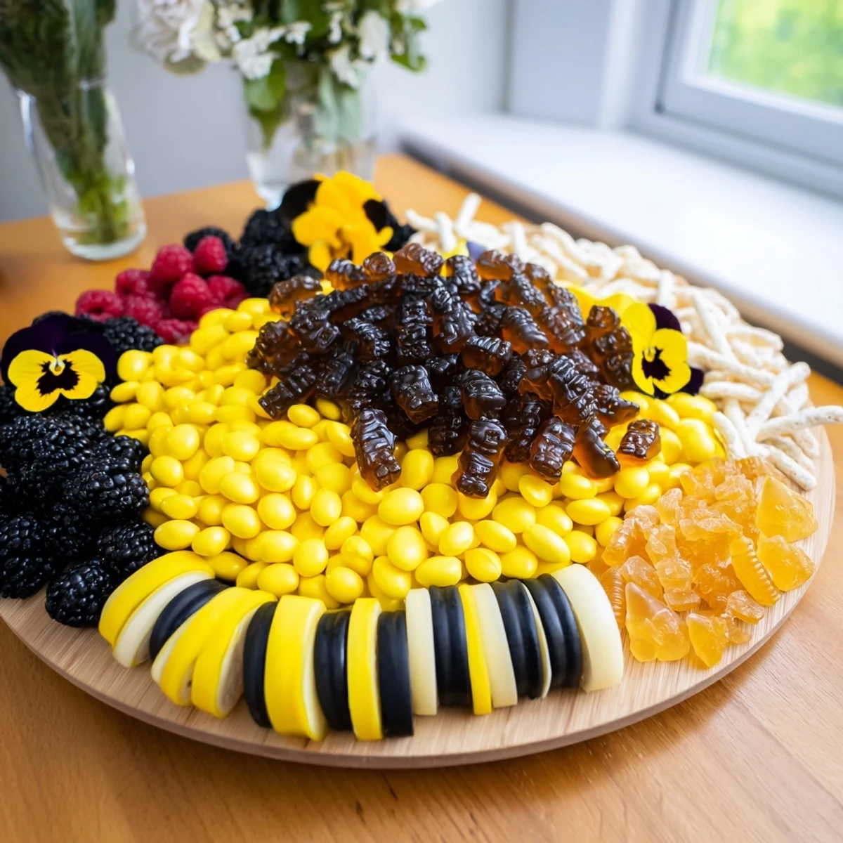 Vibrant Bumblebee Candy Board featuring lemon drops, gummies, and fresh berries, ready to serve and enjoy.