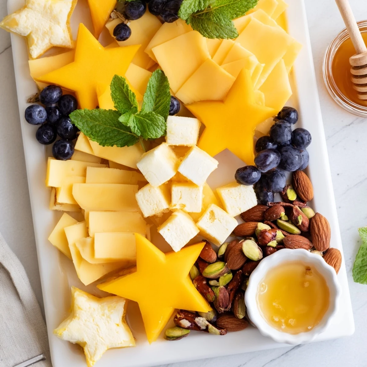 Delicious Shooting Star Snack Board featuring brie, gouda, and cheddar arranged with fresh fruits and nibbles.