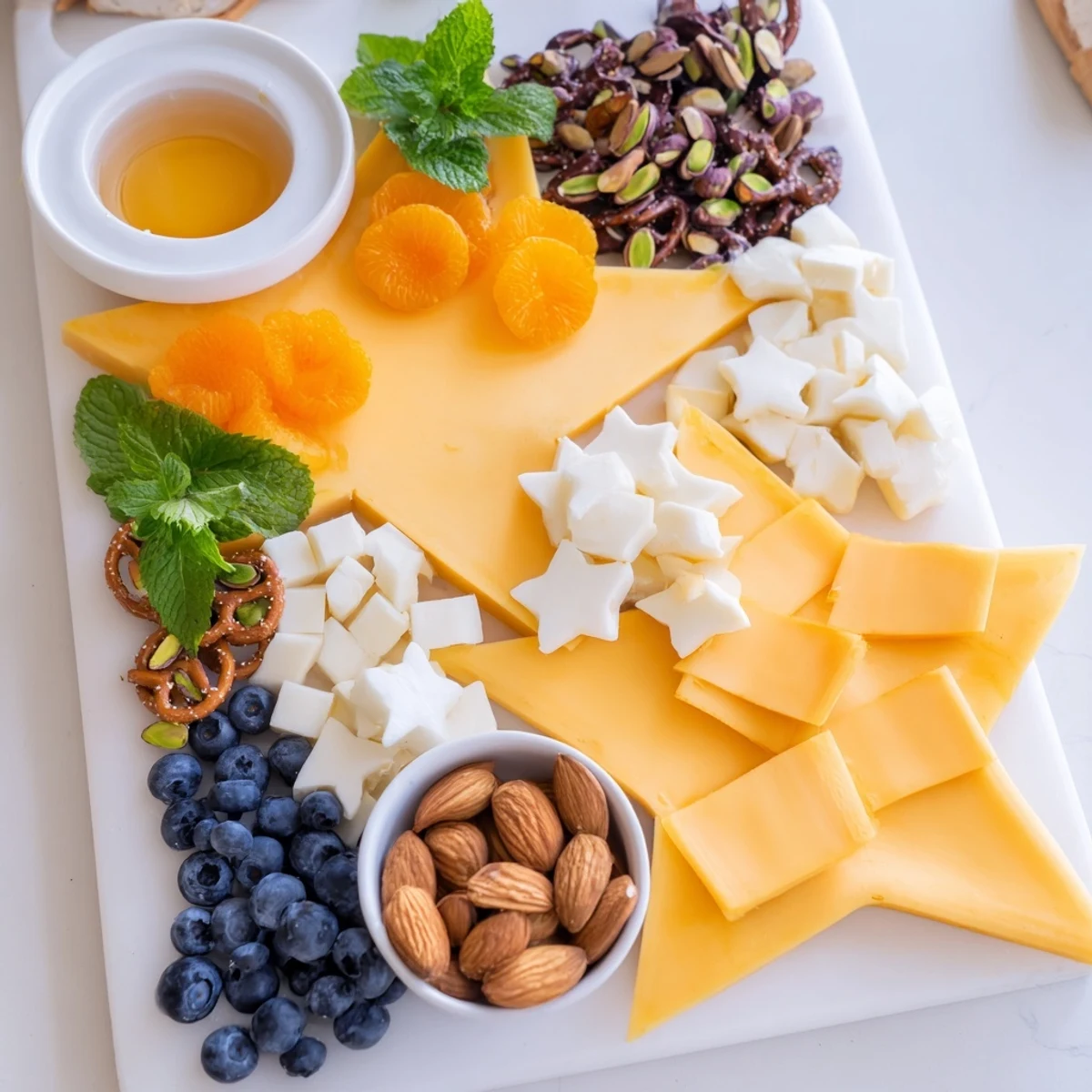 Festive Shooting Star Snack Board overflowing with colorful fruits, crackers, and sweet, salty snacks for fun.