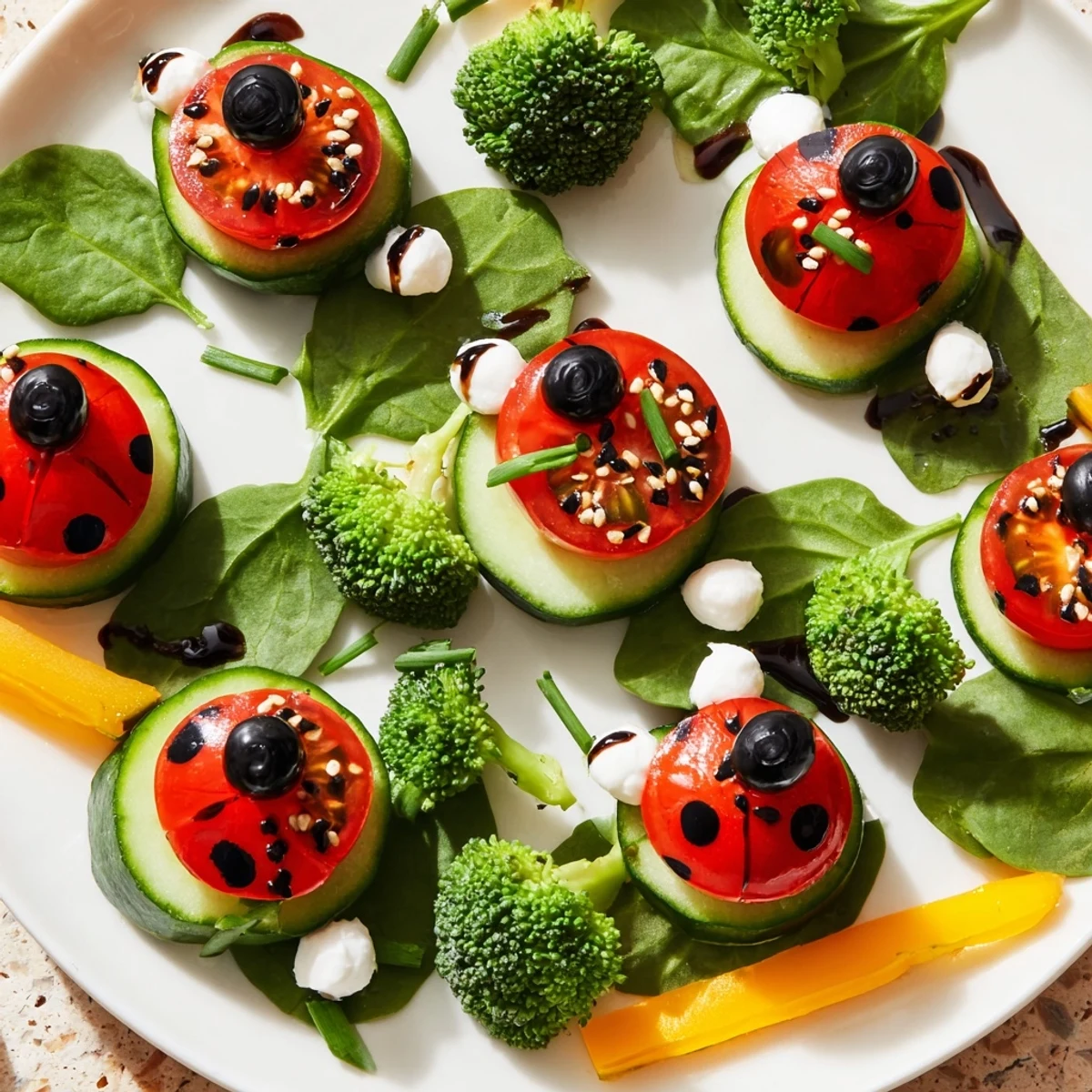 Colorful Ladybug Garden Platter appetizer with fresh veggies, cheese, and adorable ladybug designs for snacks.