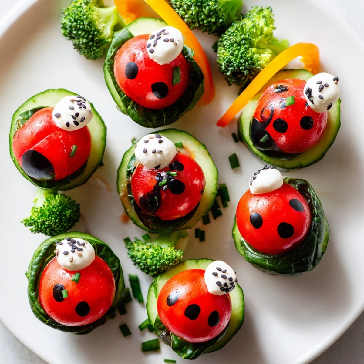 A whimsical Ladybug Garden Platter: vibrant cherry tomatoes arranged like ladybugs with fresh chives and mozzarella.