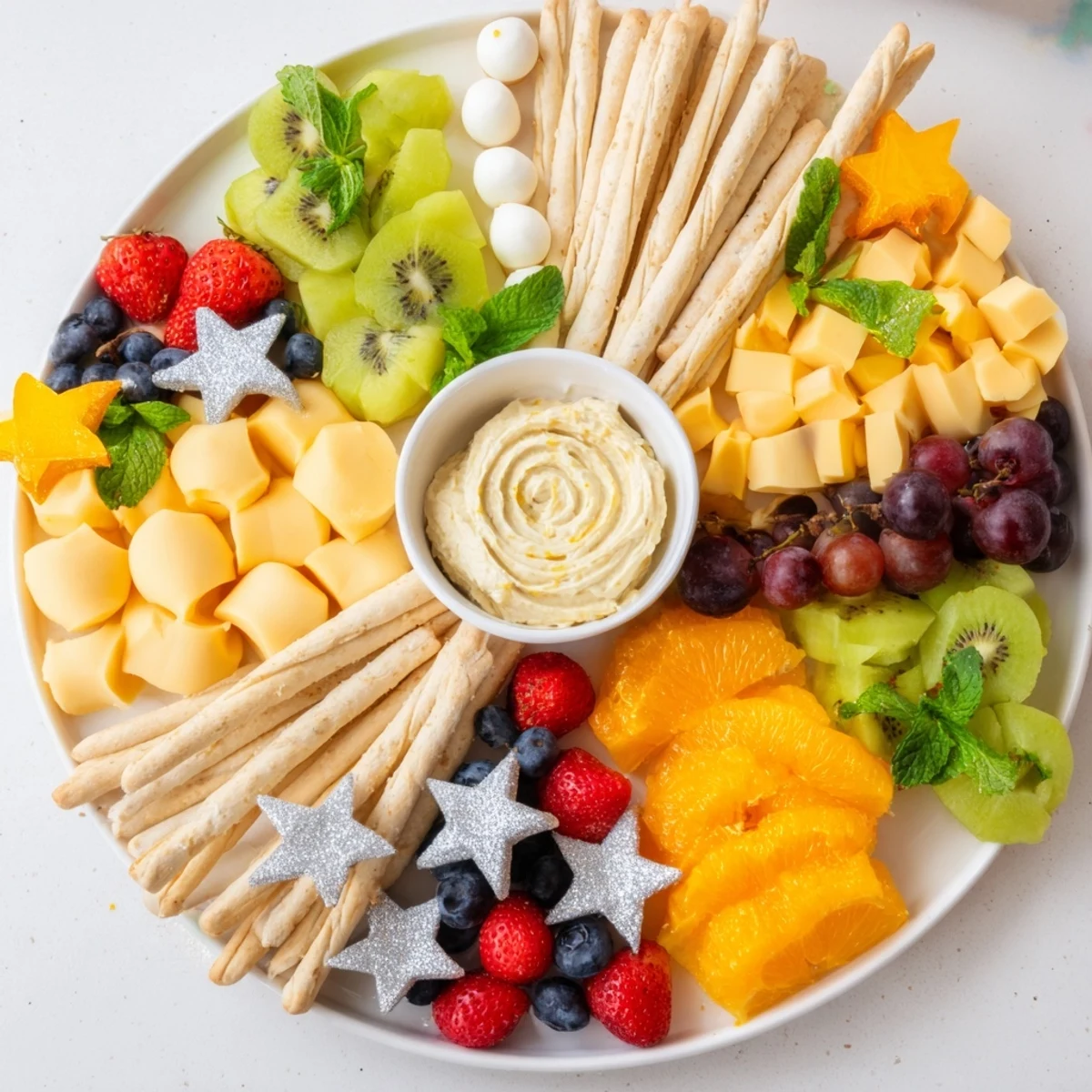 This colorful Comet & Planet Grazing Tray features cheese planets, berry stars, and breadstick comets.