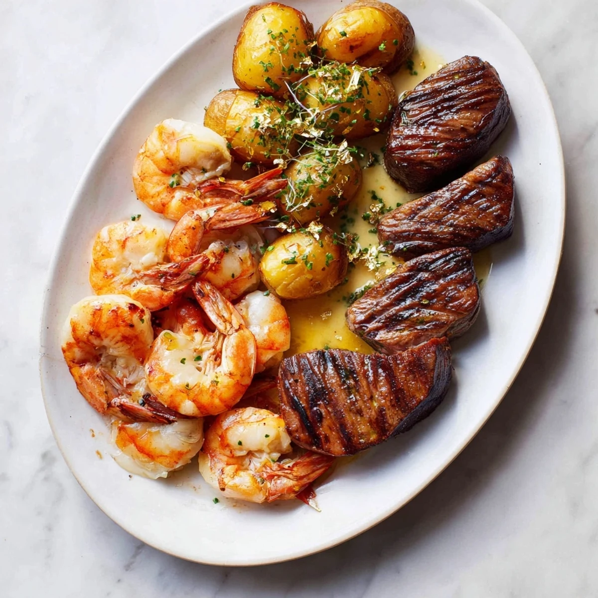 Delectable Golden Heart Luxury Platter showcases perfectly seared filet mignon, scallops, and vibrant roasted vegetables ready to enjoy.