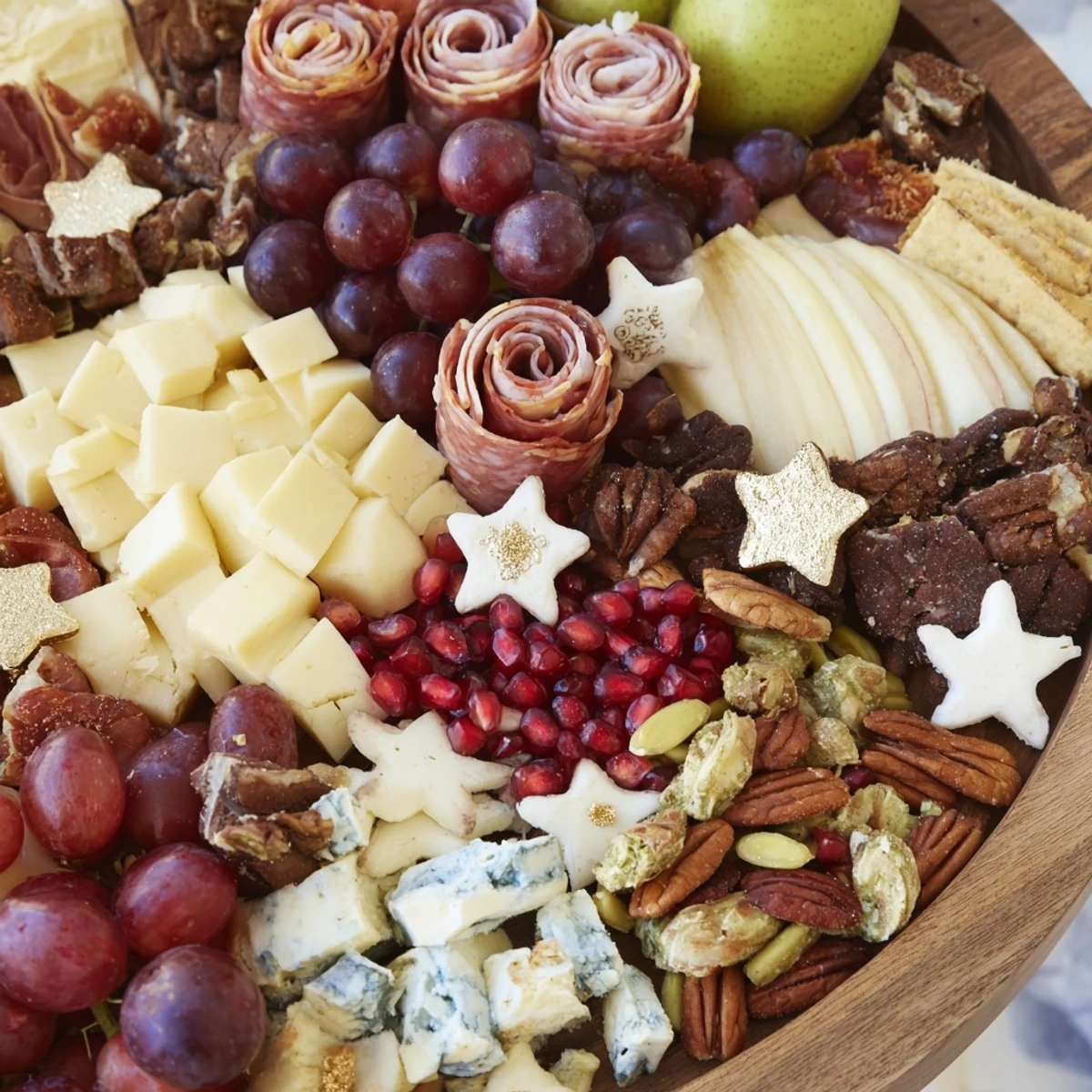 Shining Bright Christmas 2025 Board: a vibrant holiday appetizer board overflowing with cheeses, fruits, meats, and sweets.