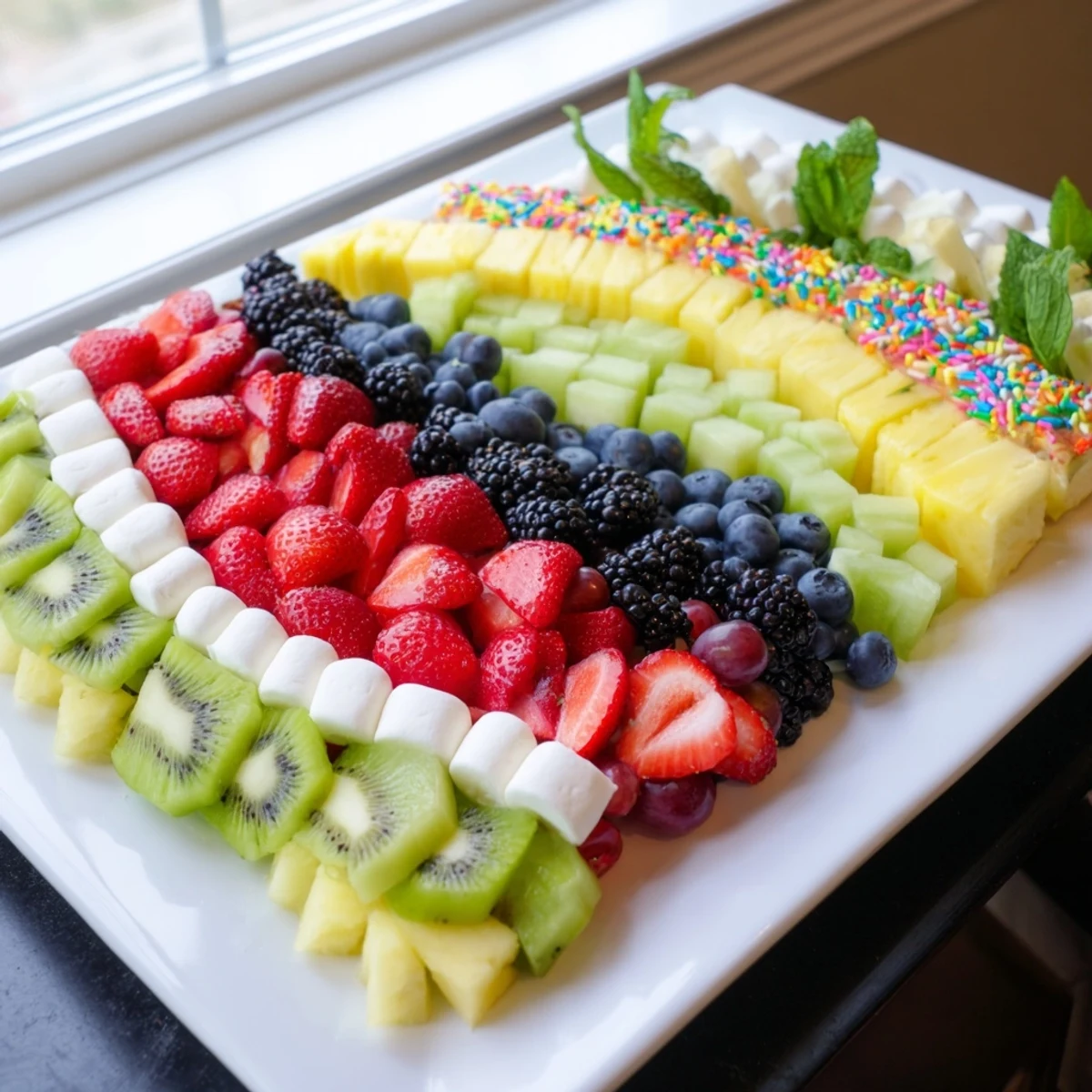 Vibrant Happy Birthday Cake Slice Fruit Board with colorful layers and festive sprinkles, ready to eat.