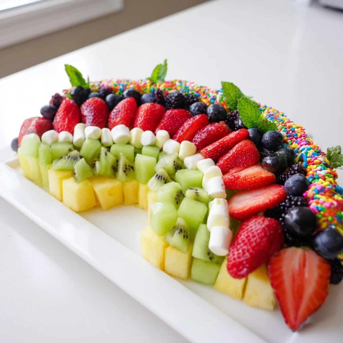 A stunning visual of a perfect Happy Birthday Cake Slice Fruit Board: fresh fruit, perfect for your party platter!
