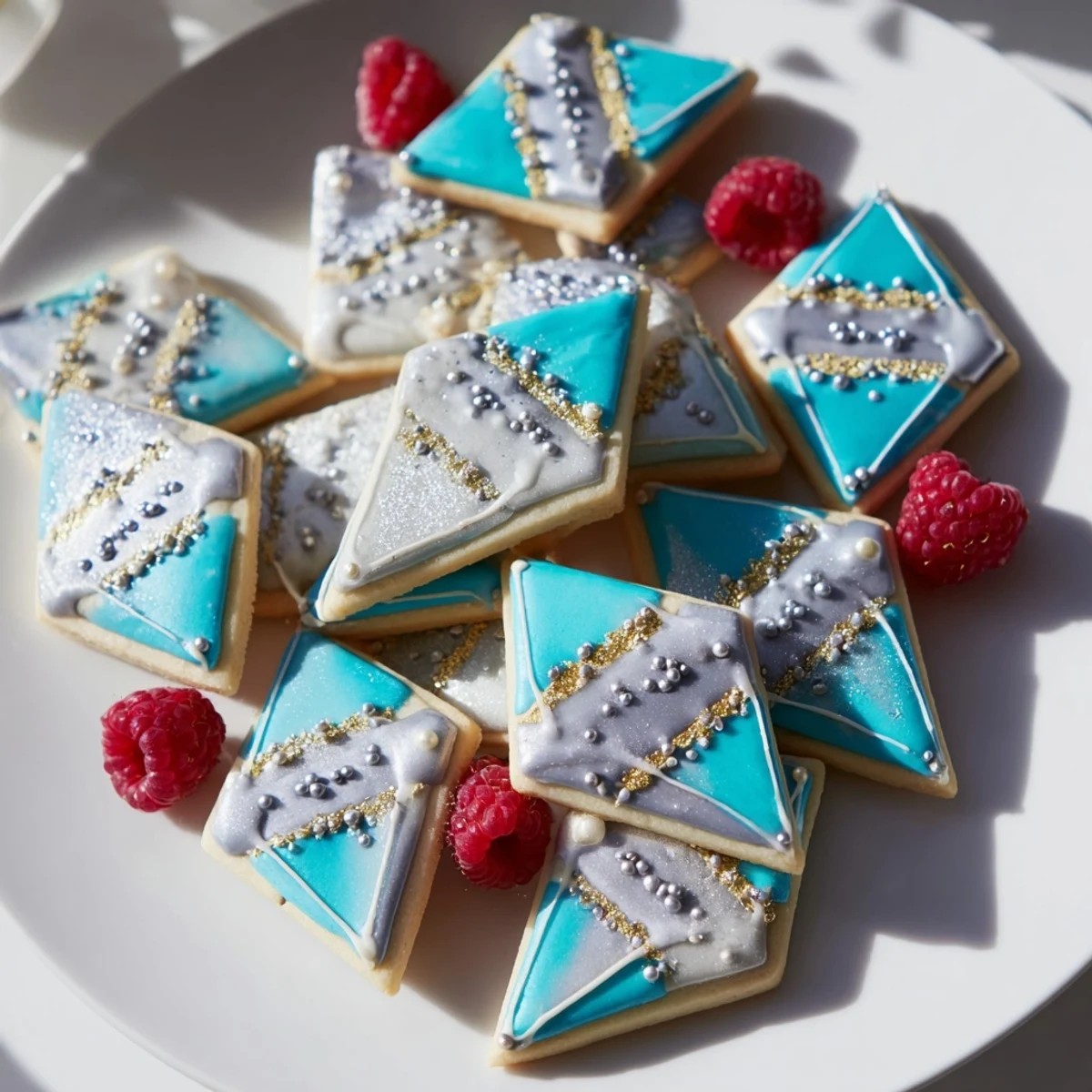 Shiny diamond-shaped Engagement Ring Diamond Dessert Tray cookies glistens with silver dragées and edible gold leaf.