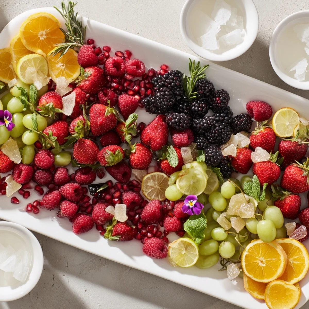 A beautifully arranged Bubbly Bar New Years Eve Garnish Tray overflowing with fresh, colorful berries and citrus.
