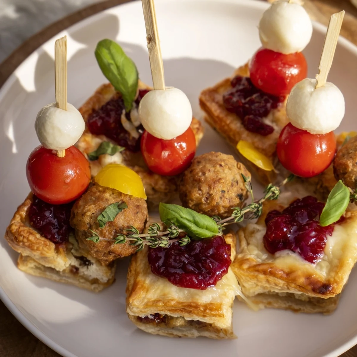 Festive appetizer trio: Cranberry Brie bites, Caprese skewers, and spiced meatballs arranged beautifully on a platter.