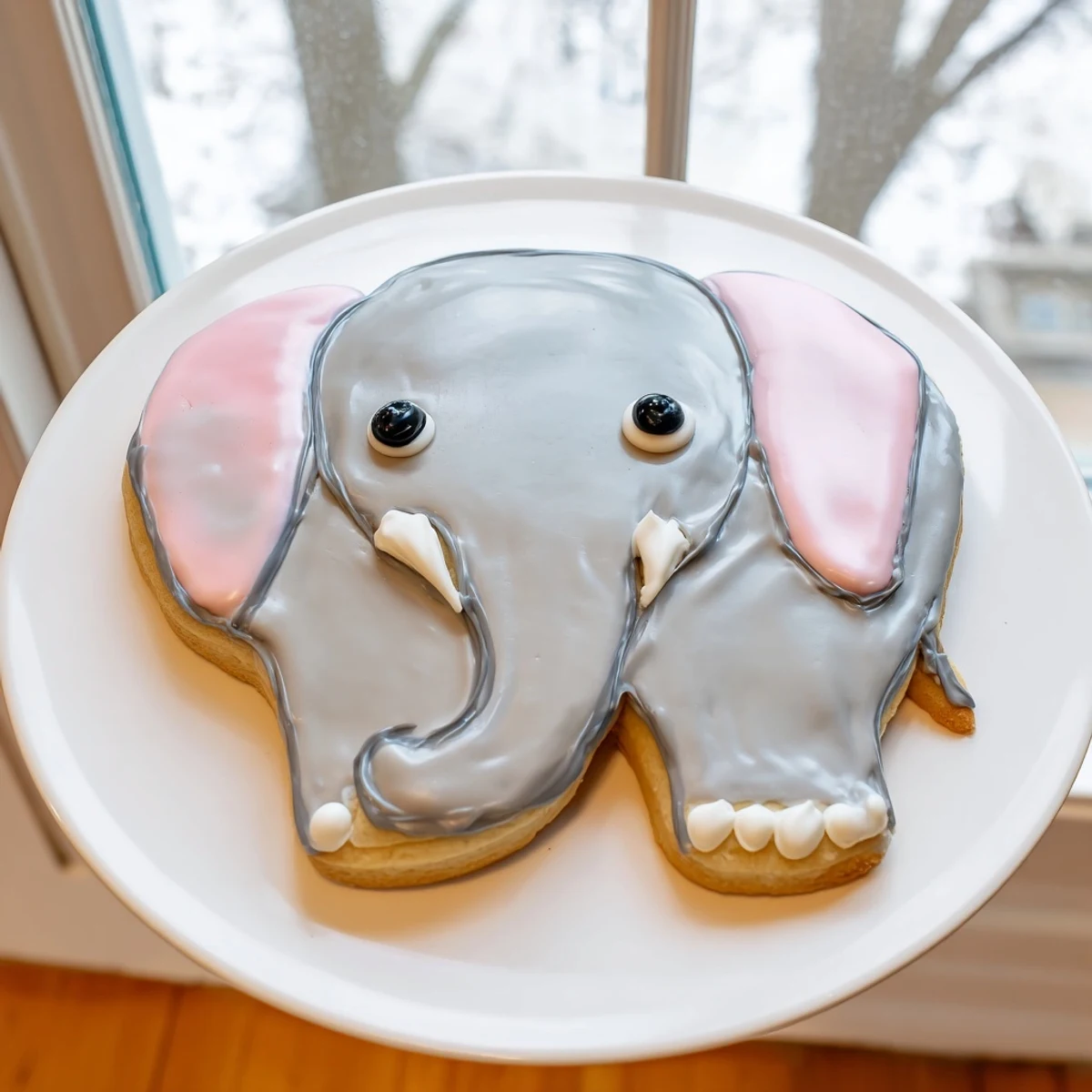 Giant Biscuits Amical Éléphant Géant, frosted in gray, pink, and black, ready to eat alongside milk.