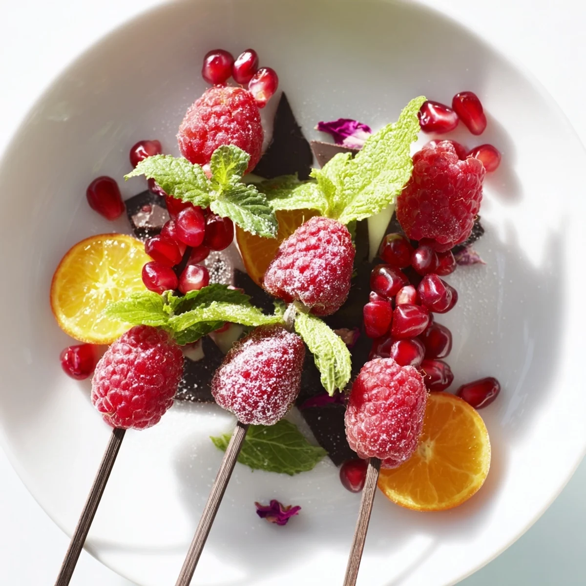 Golden, glittering Baisers de Minuit cocktail garnishes with vibrant pomegranate seeds and fresh raspberries.