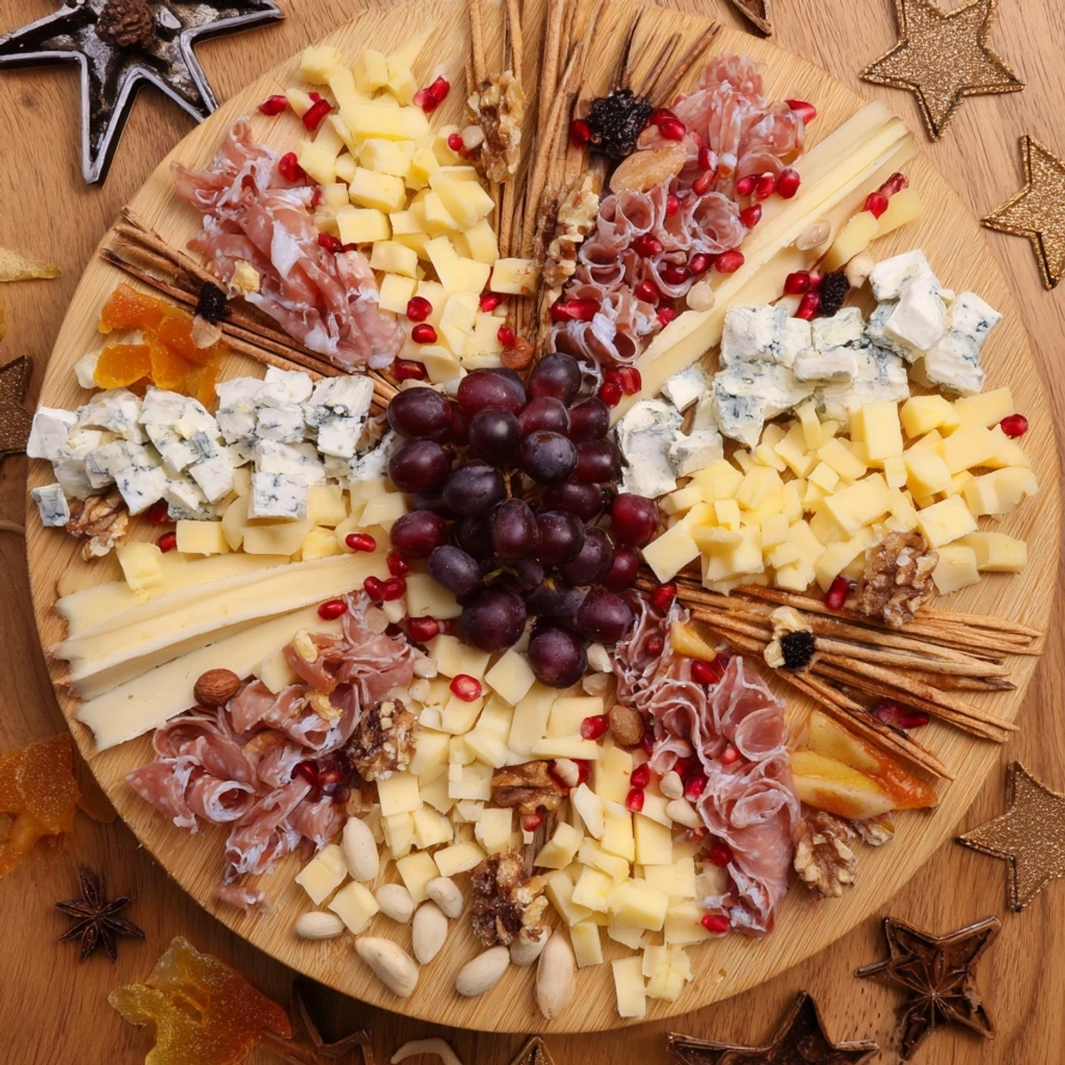 An Éclat dÉtoiles Planche de Noël: a dazzling starburst charcuterie board with cheeses, meats, and festive garnishes.