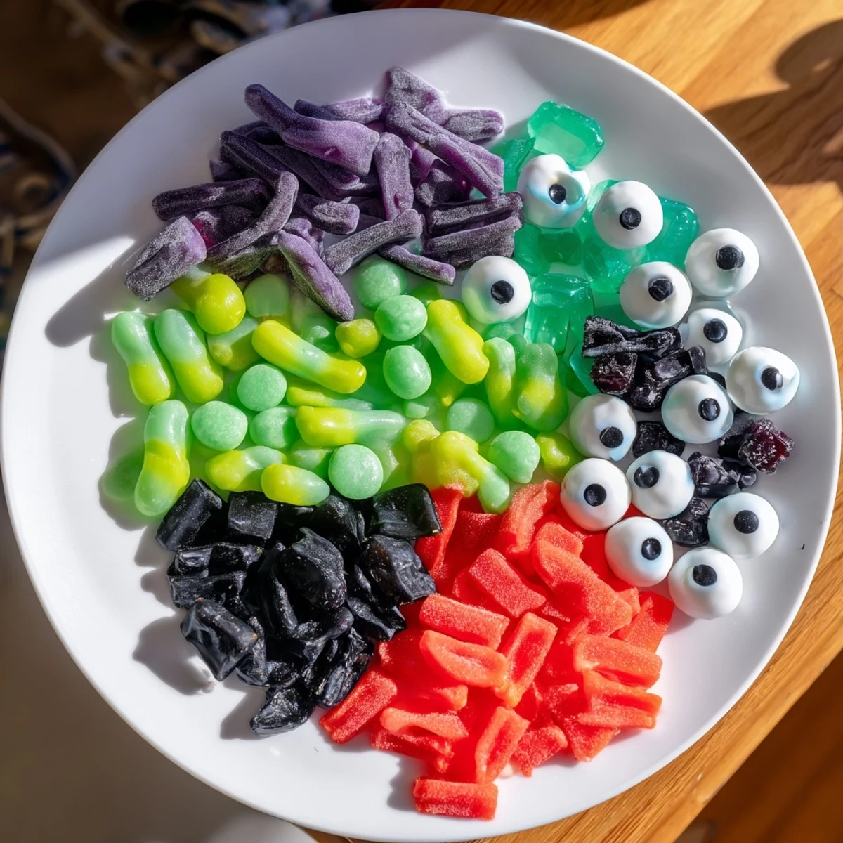 A colorful assortment of Poison Apple Candy on a platter looks irresistible, perfect for a spooky party.