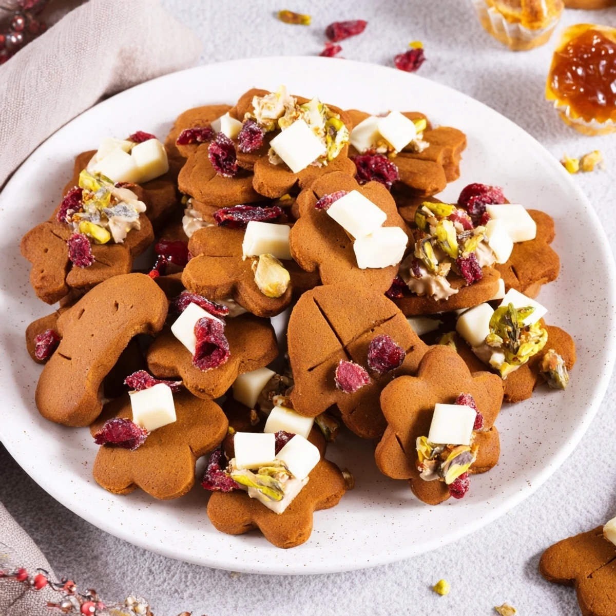 Festive Christmas Joy Trios: a delicious platter of colorful treats – gingerbread cookies, bark, and tartlets.
