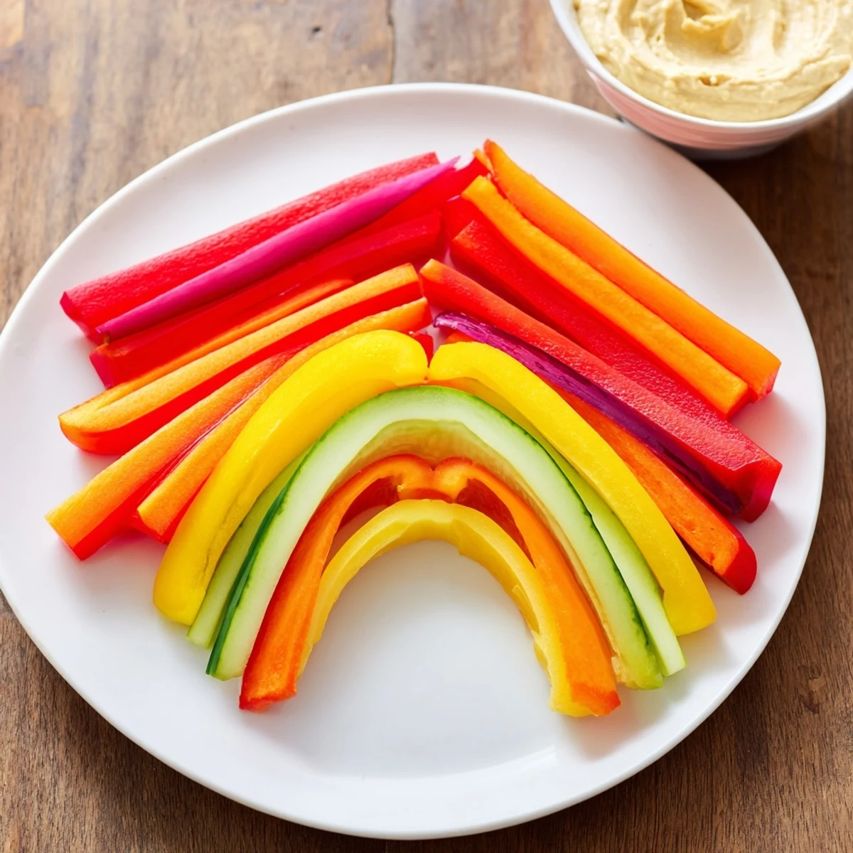Colorful rainbow arch veggie sticks: a healthy, vibrant snack everyone will enjoy immediately.
