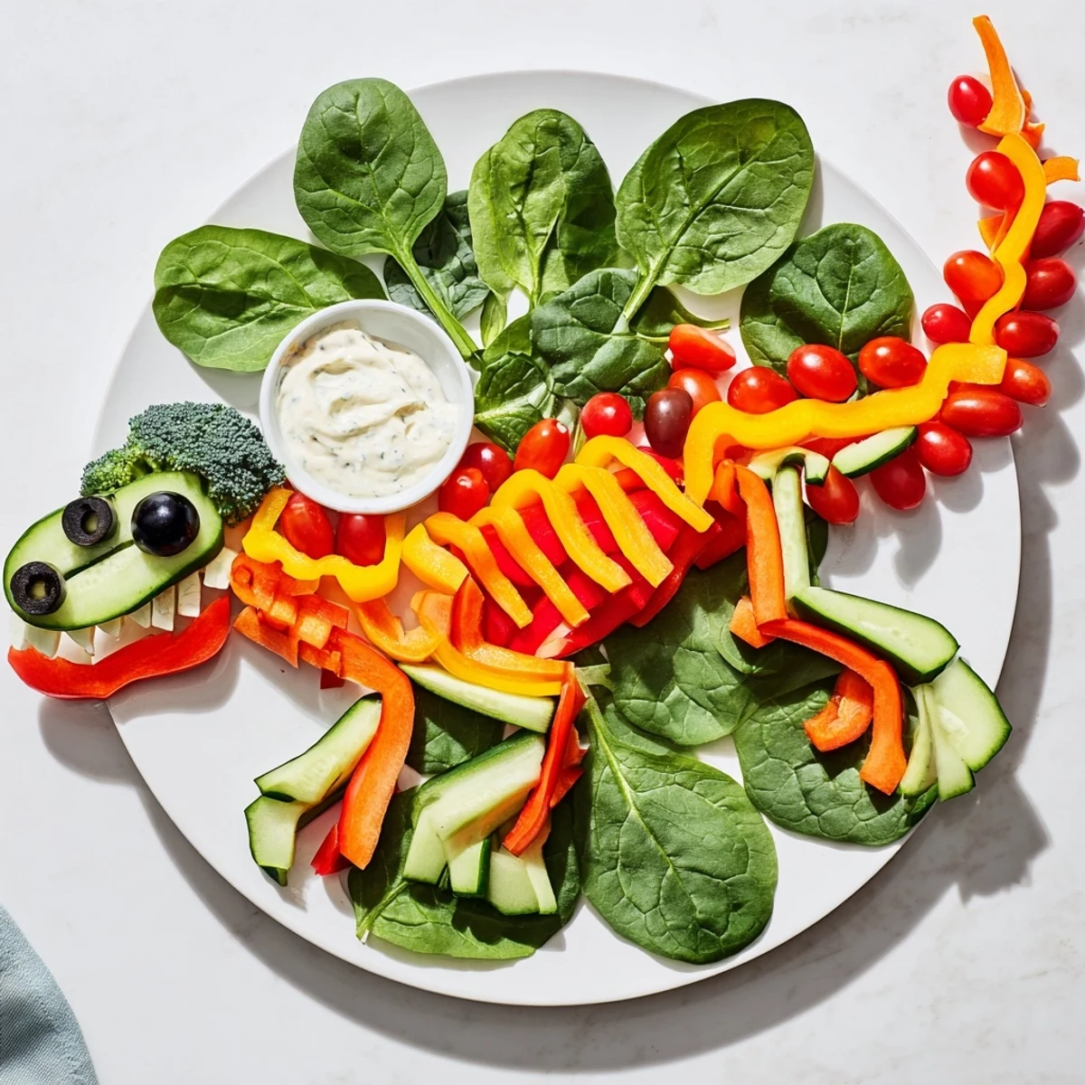 Vibrant T-Rex Fossil Crudités: a fun, healthy veggie platter with creamy ranch dip, perfect for kids.