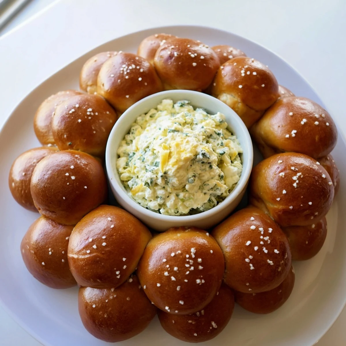 A close-up shot of the savory Pretzel Wreath Dip Ring, perfect for sharing and dipping.