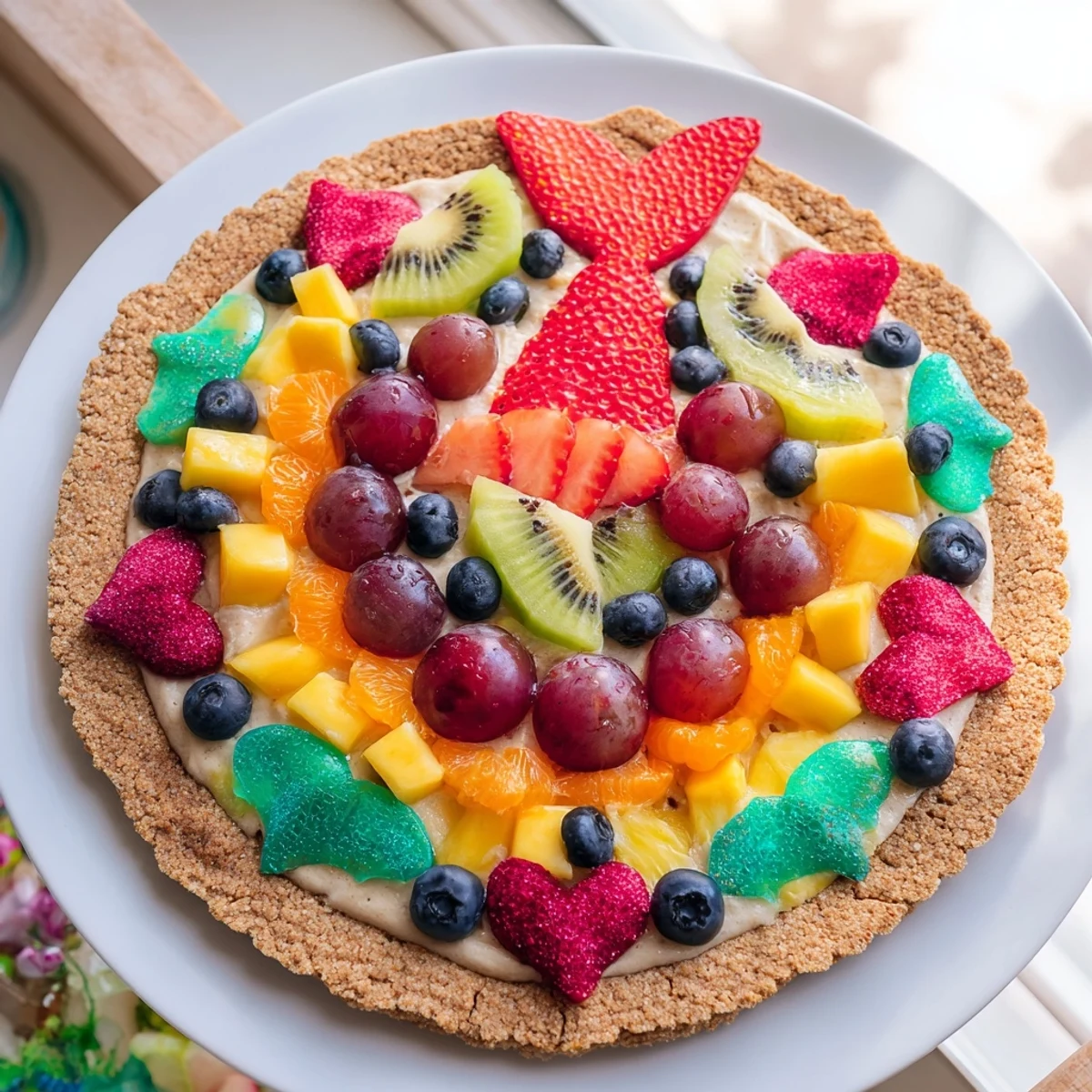 Vibrant, colorful Under the Sea Mermaid Tail Fruit Pizza, a dessert masterpiece with a sweet sugar cookie base.