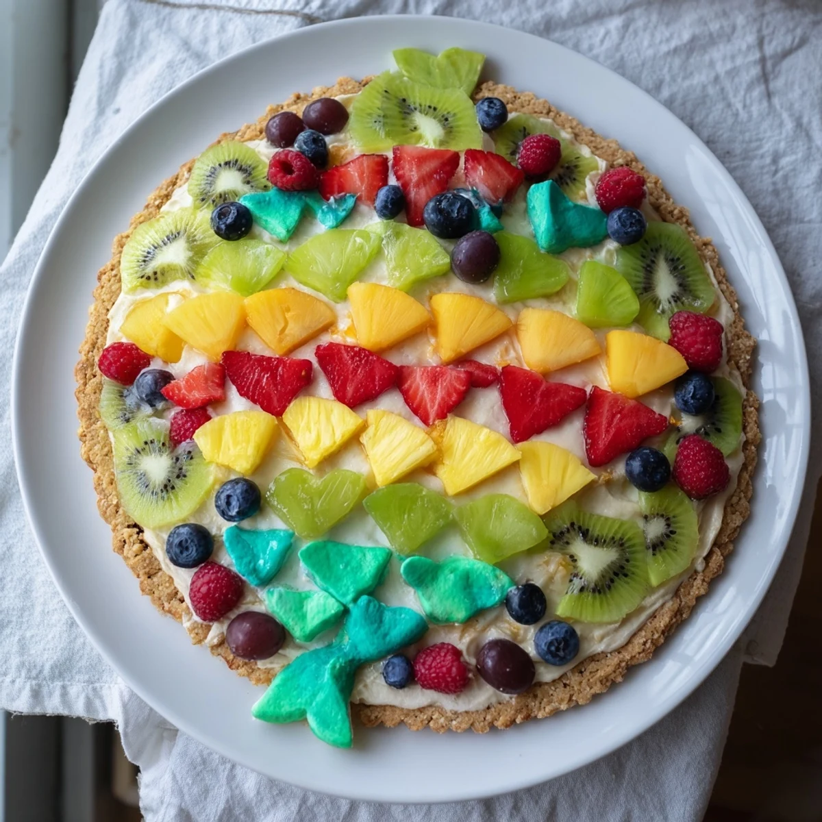 This Under the Sea Mermaid Tail Fruit Pizza features fresh, juicy fruit arranged on creamy frosting for serving.